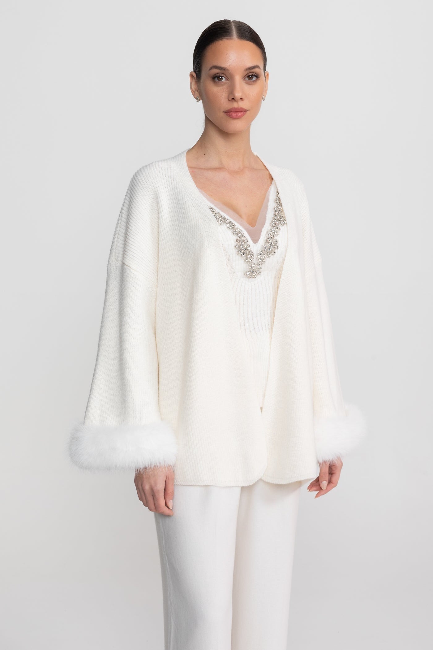 Knit Two Piece Set With Crystal Embellishments And Trim Cuffs - White - ICYBOO