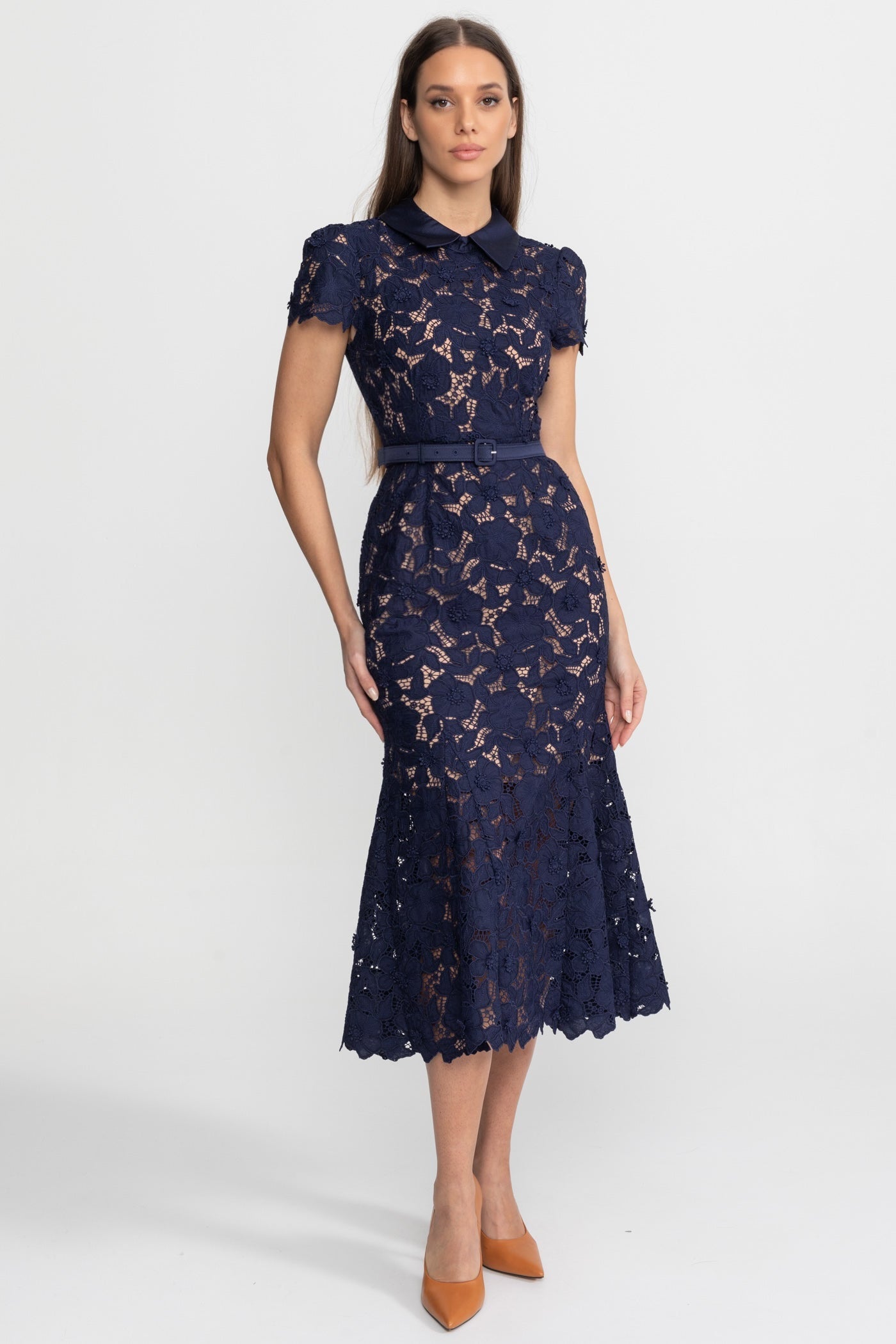 Lace Midi Dress with Belted Waist and Collared Neckline – Navy - ICYBOO