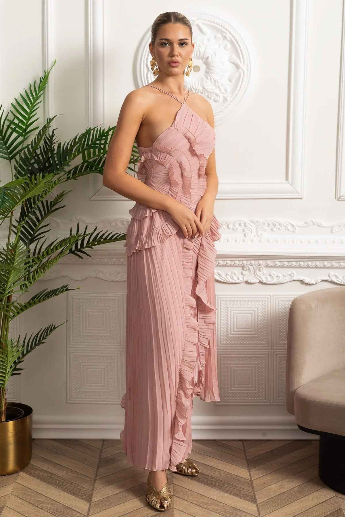 Pleated Halter Midi Dress With Cascading Ruffle Details - Pink