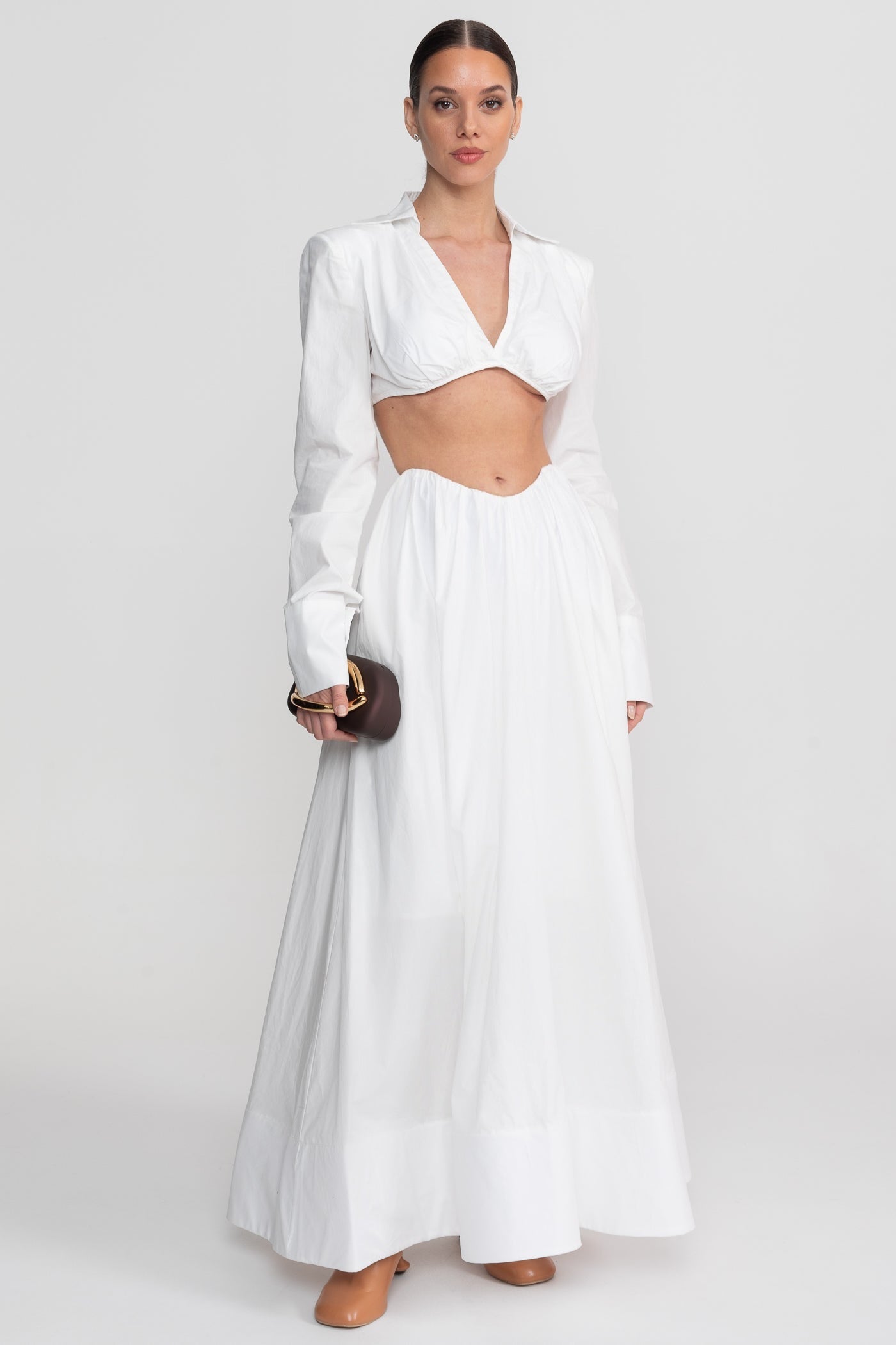 Long Sleeve Co-Ord Set With Cropped Underbust Top - White - ICYBOO