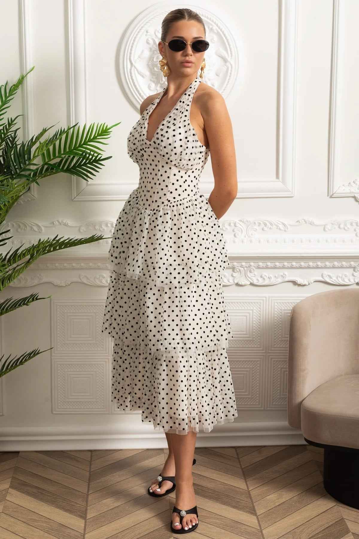 Polka Dot Halterneck | TIERED FITTED MIDI SUMMER PARTY DRESS