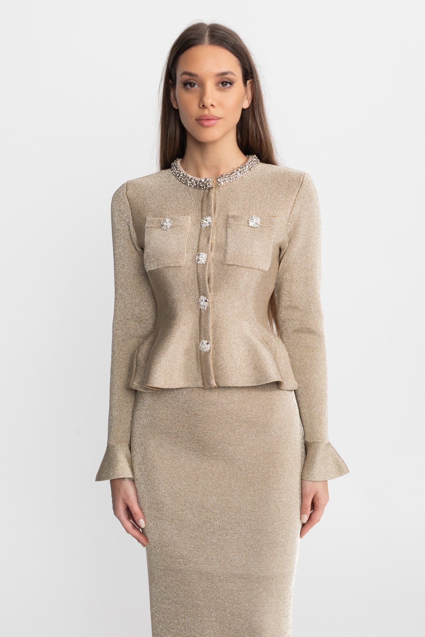 Shimmer Knit Dress with Crystal Button Accents – Champagne - ICYBOO