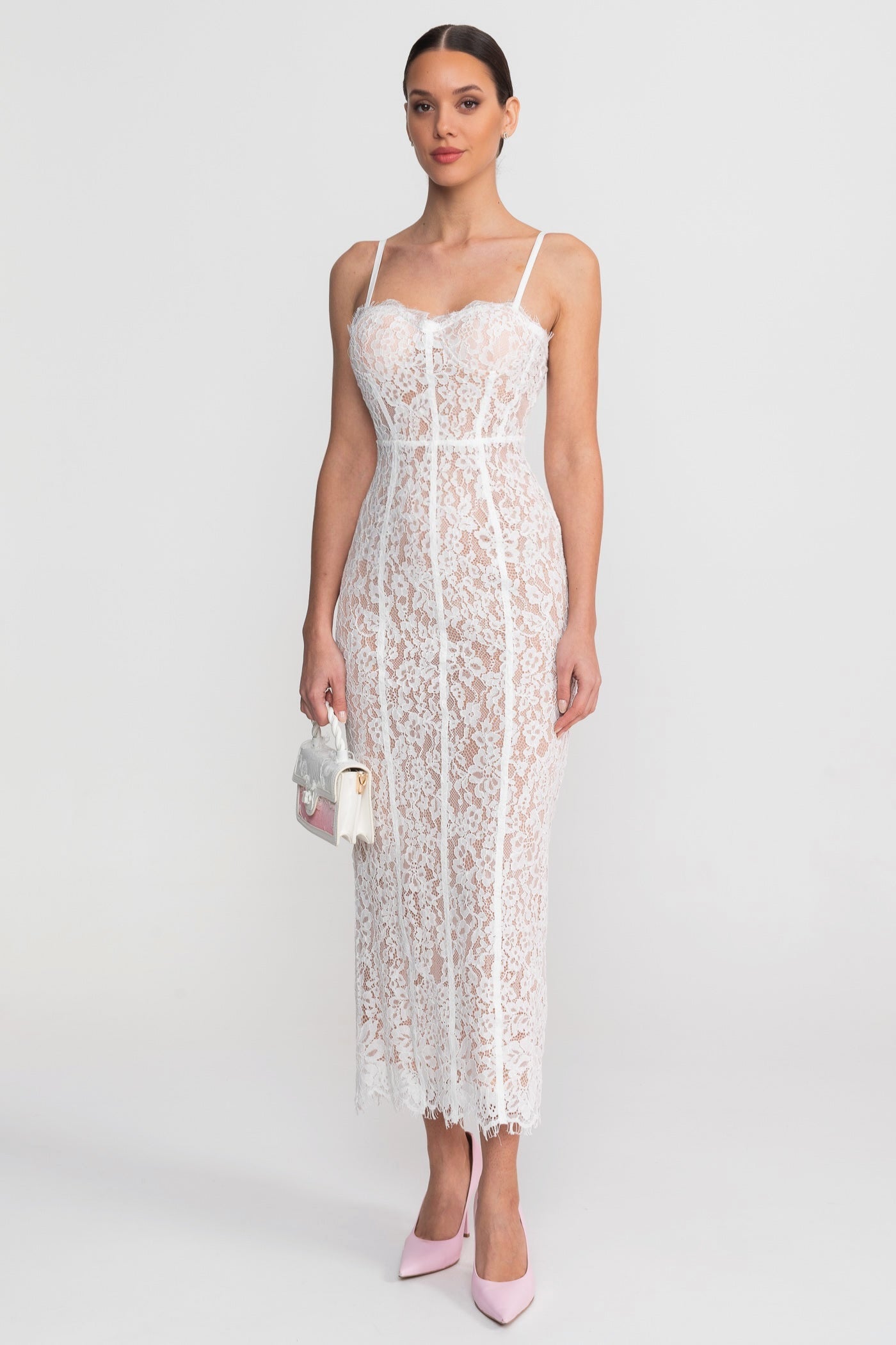 Lace Midi Dress With Sheer Corset Bodice - White - ICYBOO