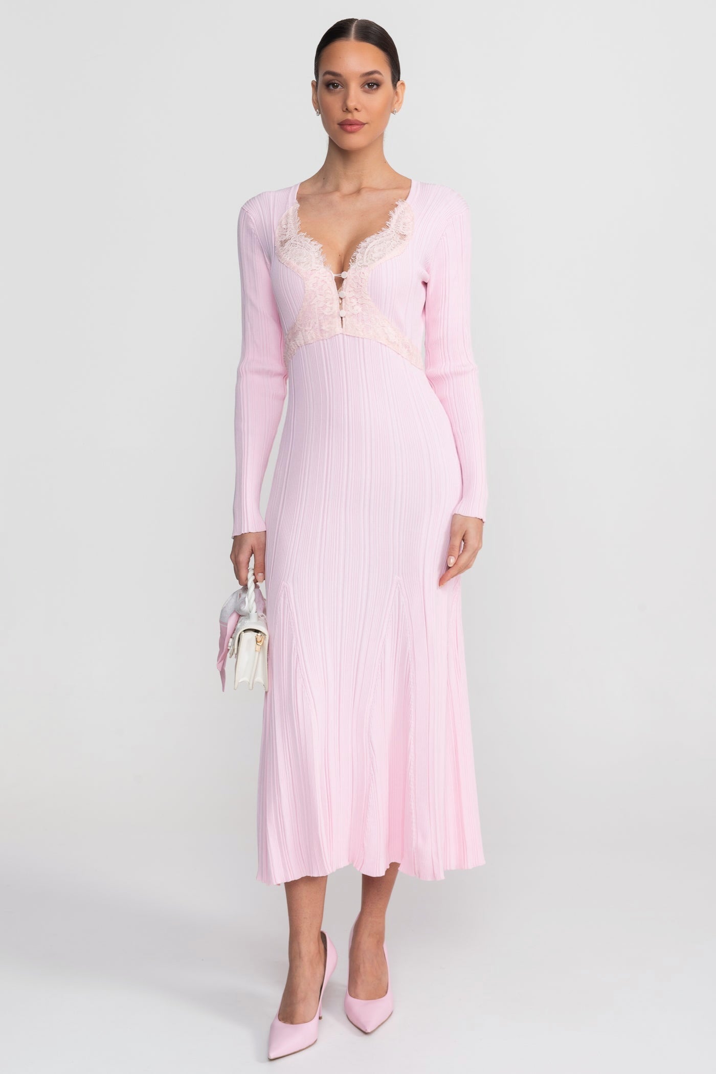 Ribbed Long Sleeve Midi Dress With Lace-Trim V-Neckline - Baby Pink - ICYBOO