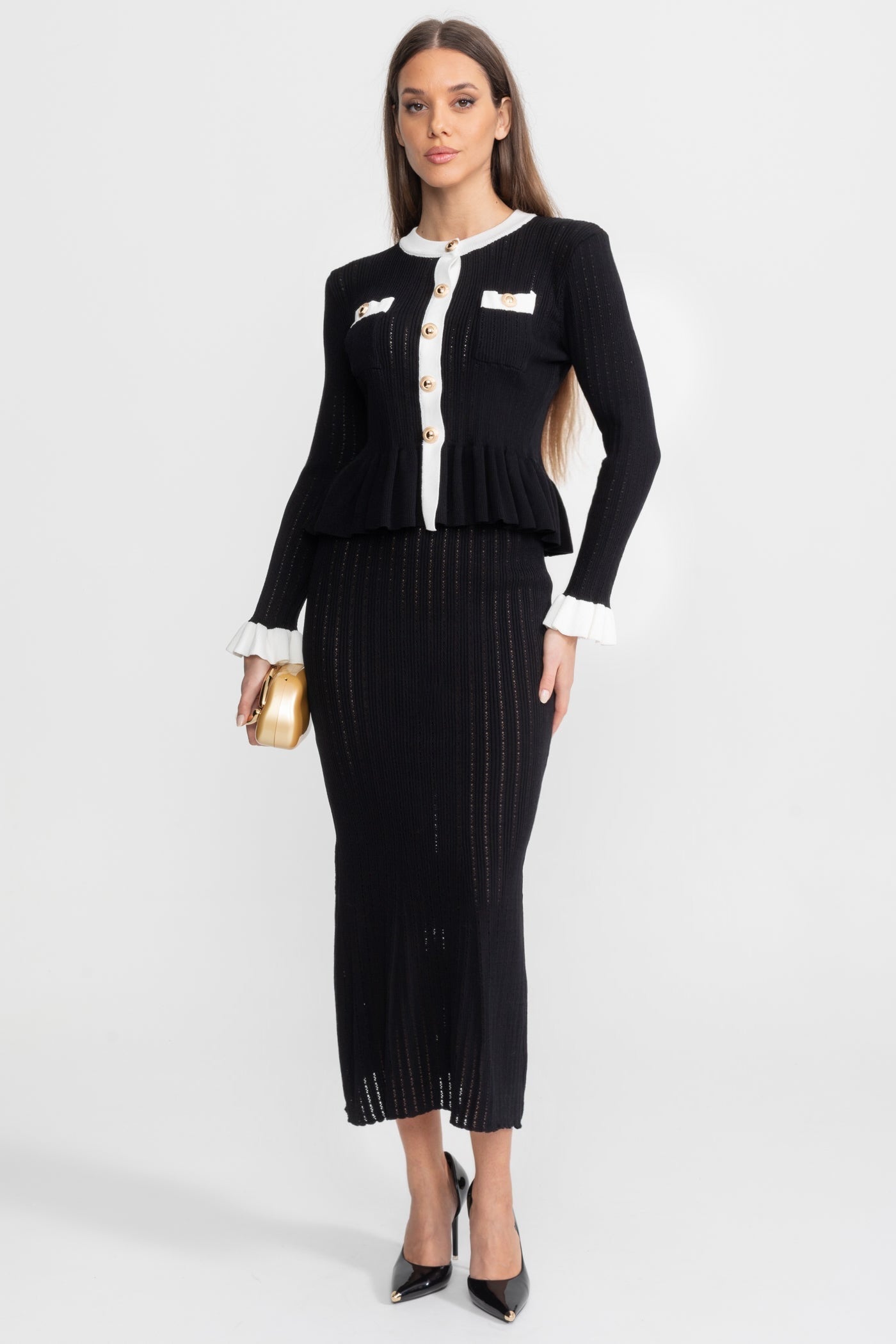 Pointelle Knit Midi Co-Ord with Contrast Trim – Black - ICYBOO