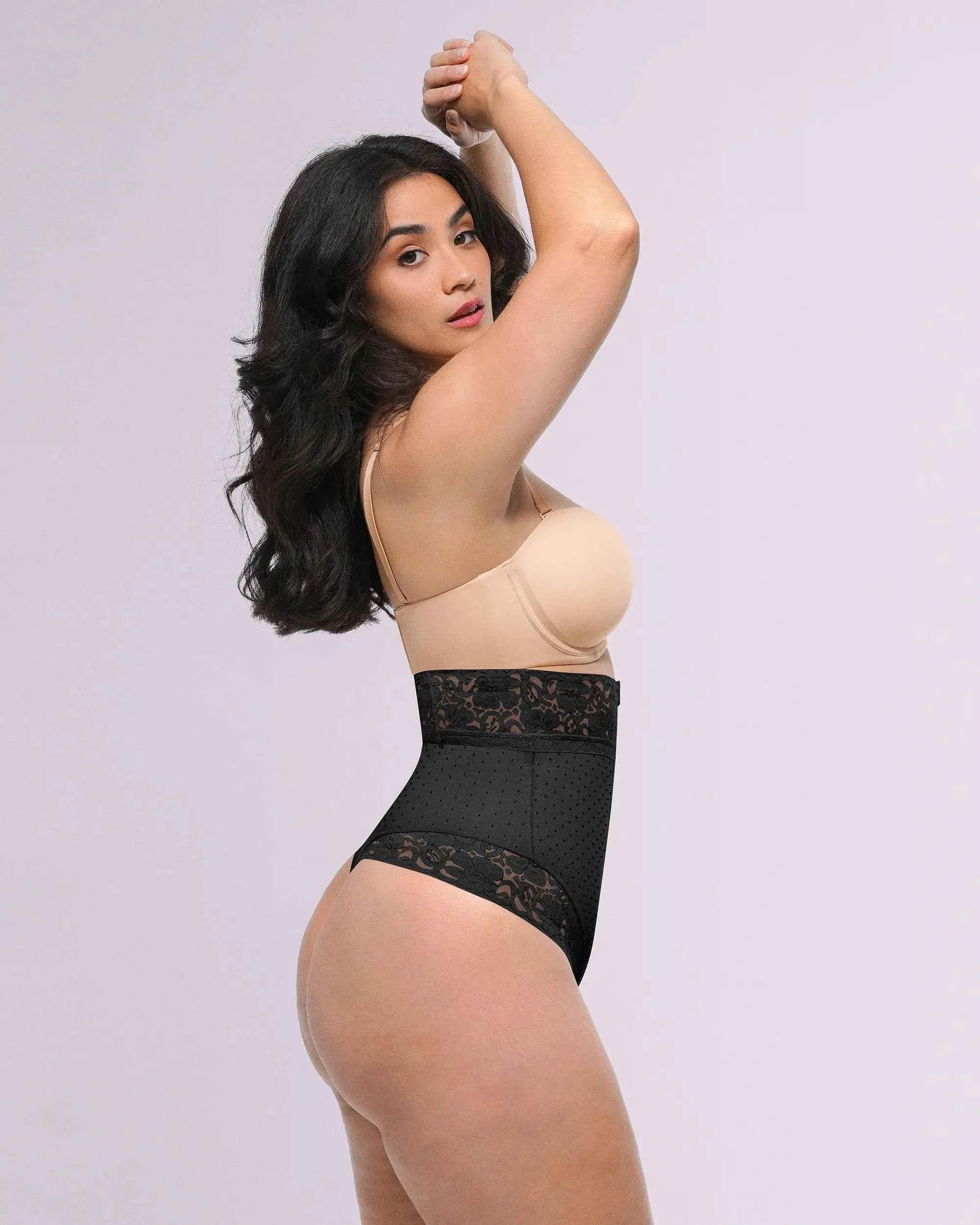 Bare Essentials High-Waisted Shaping Thong - Black Polka Dot Lace