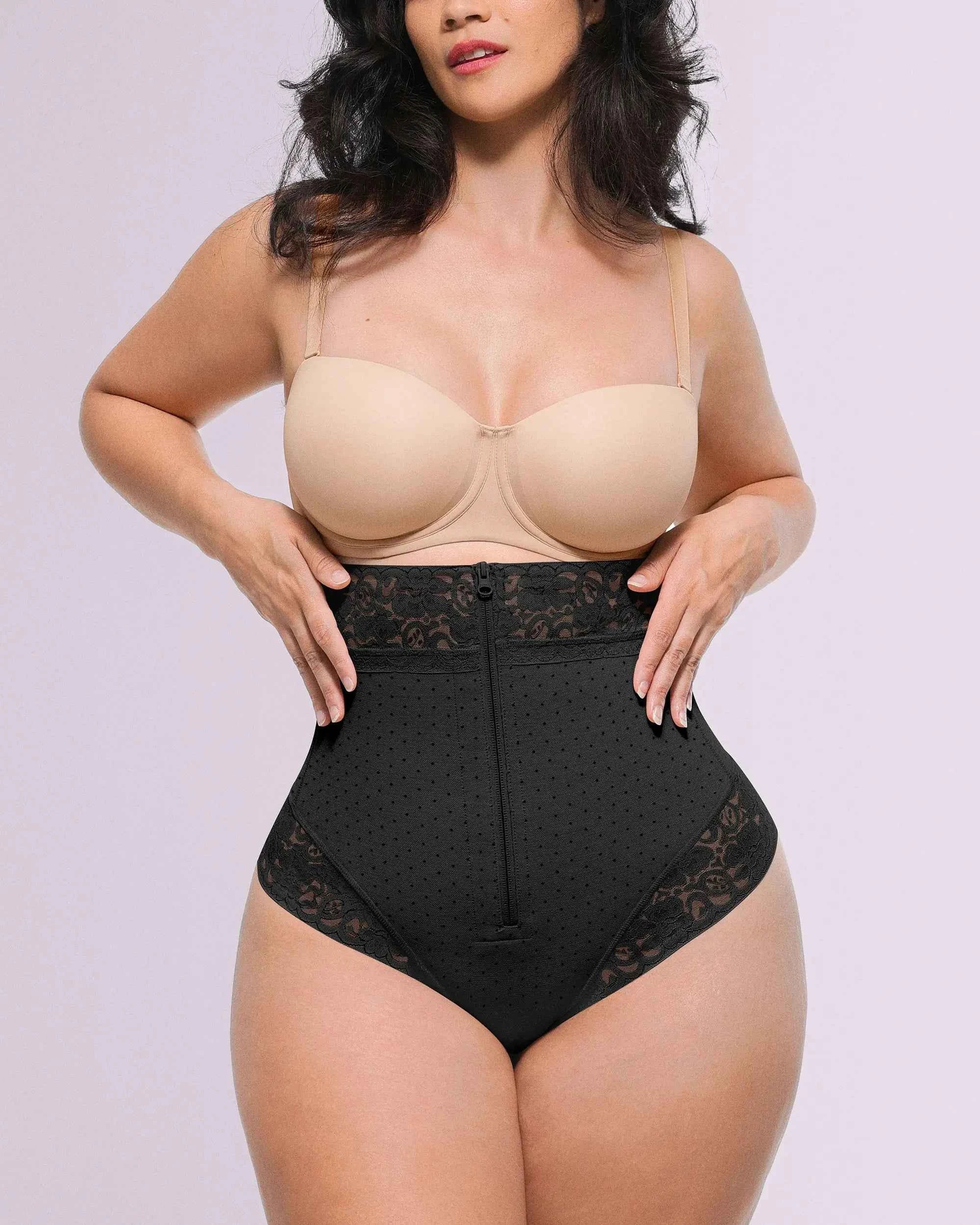 Bare Essentials High-Waisted Shaping Thong - Black Polka Dot Lace