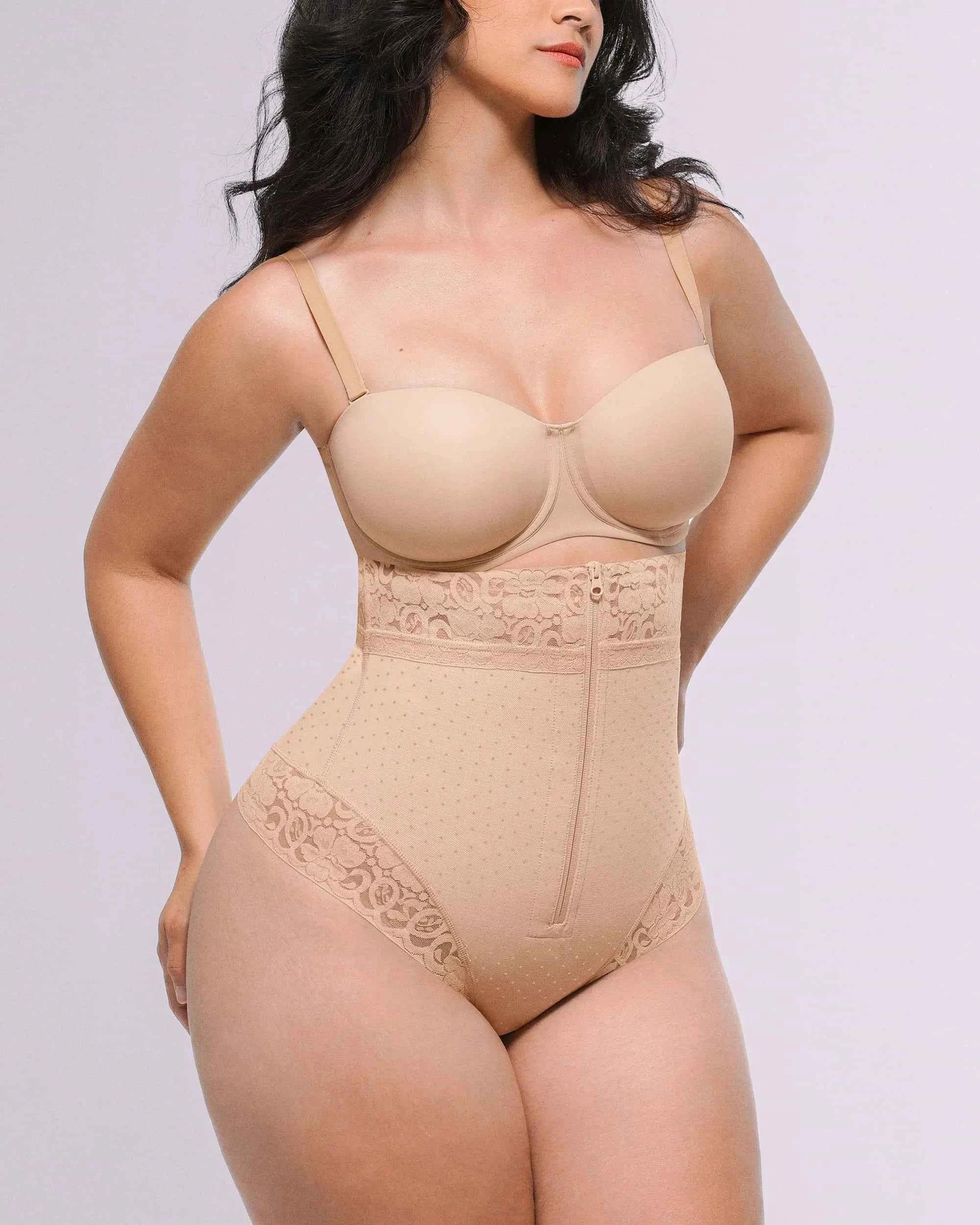 Bare Essentials High-Waisted Shaping Thong - Black Polka Dot Lace
