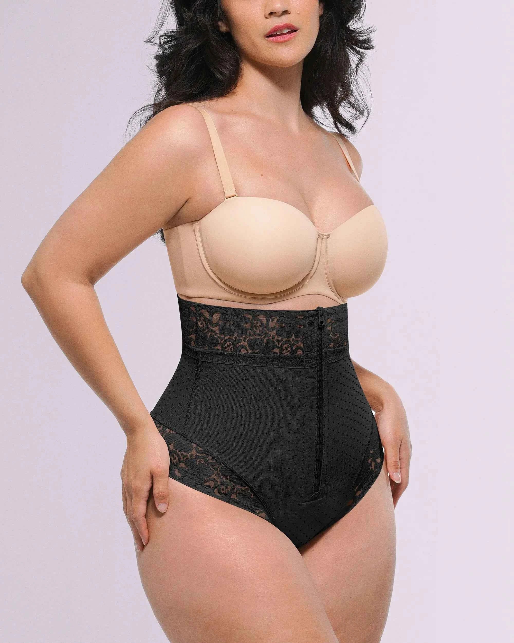 Bare Essentials High-Waisted Shaping Thong - Black Polka Dot Lace