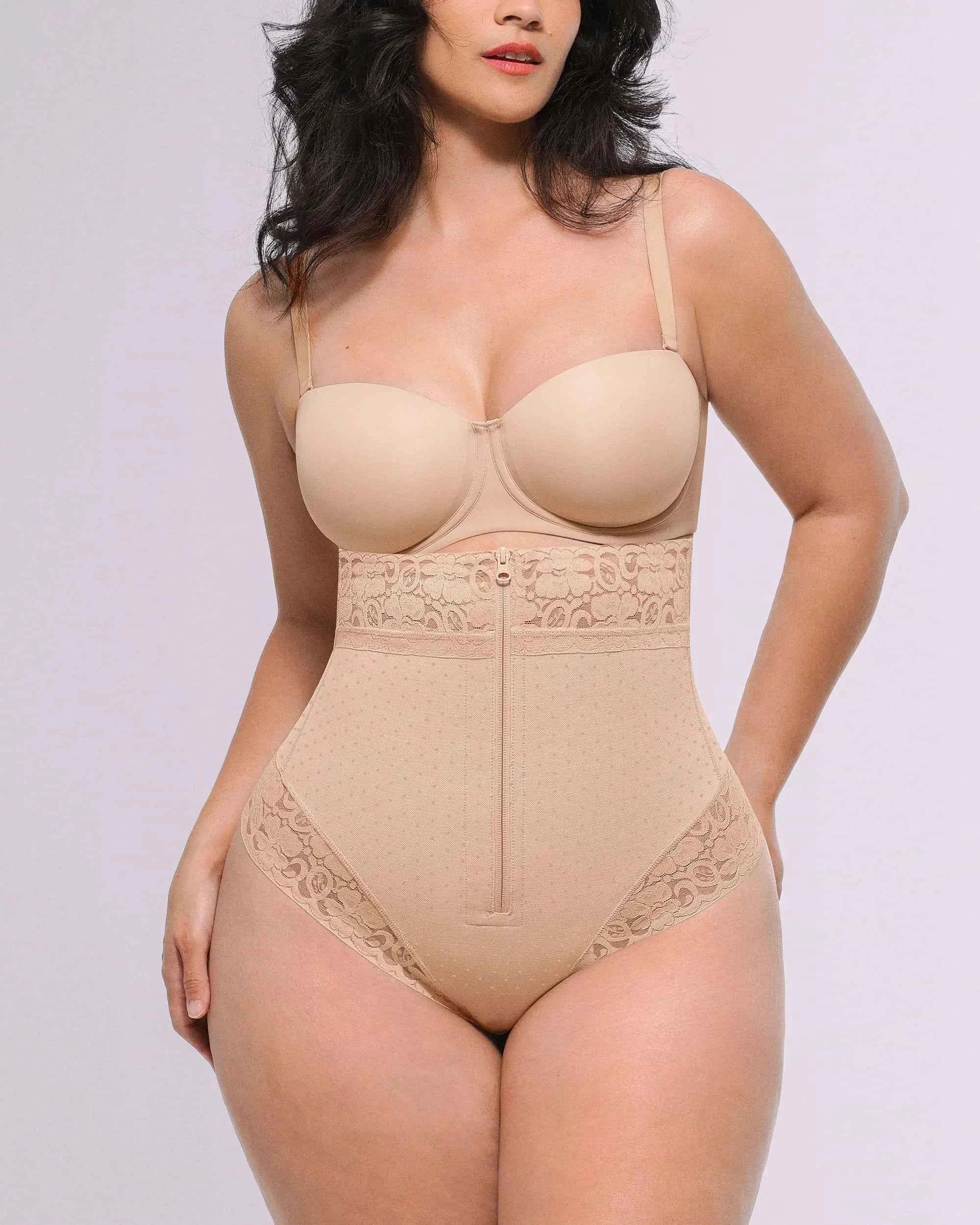 Bare Essentials High-Waisted Shaping Thong - Black Polka Dot Lace
