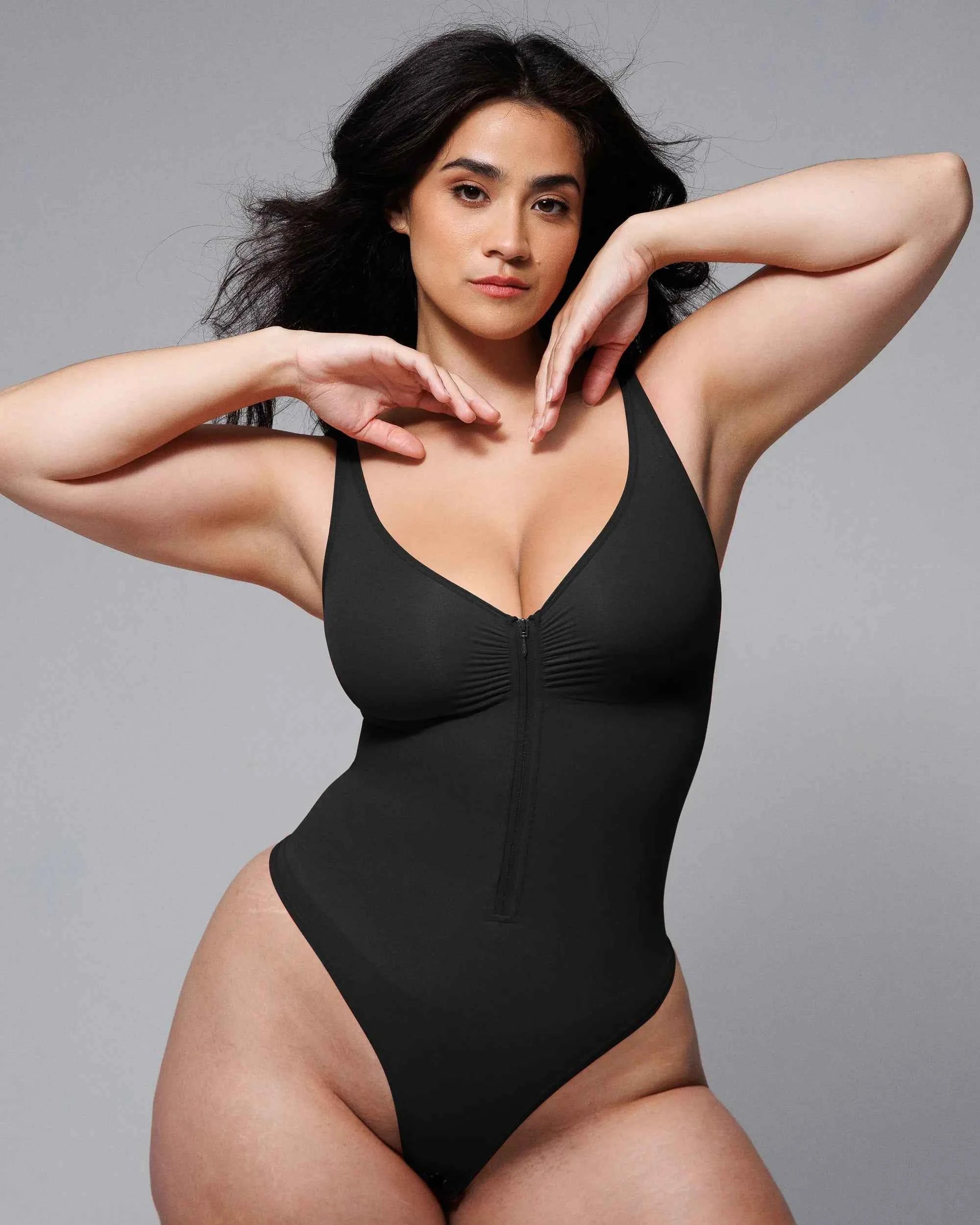 Bare Essentials Thong Bodysuit - Skin Flow Zipper Front