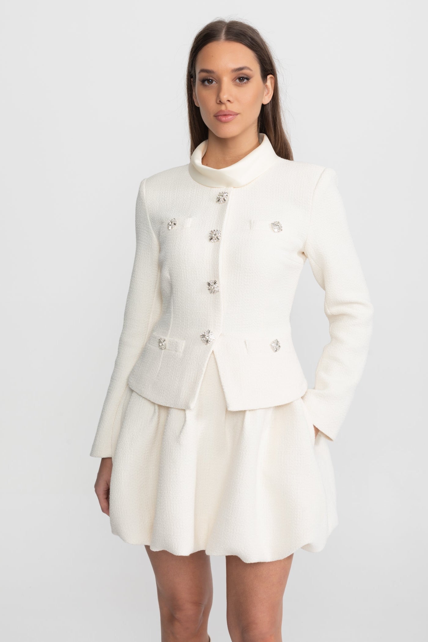 Textured Mini Dress with Crystal Button Embellishments – Ivoire - ICYBOO