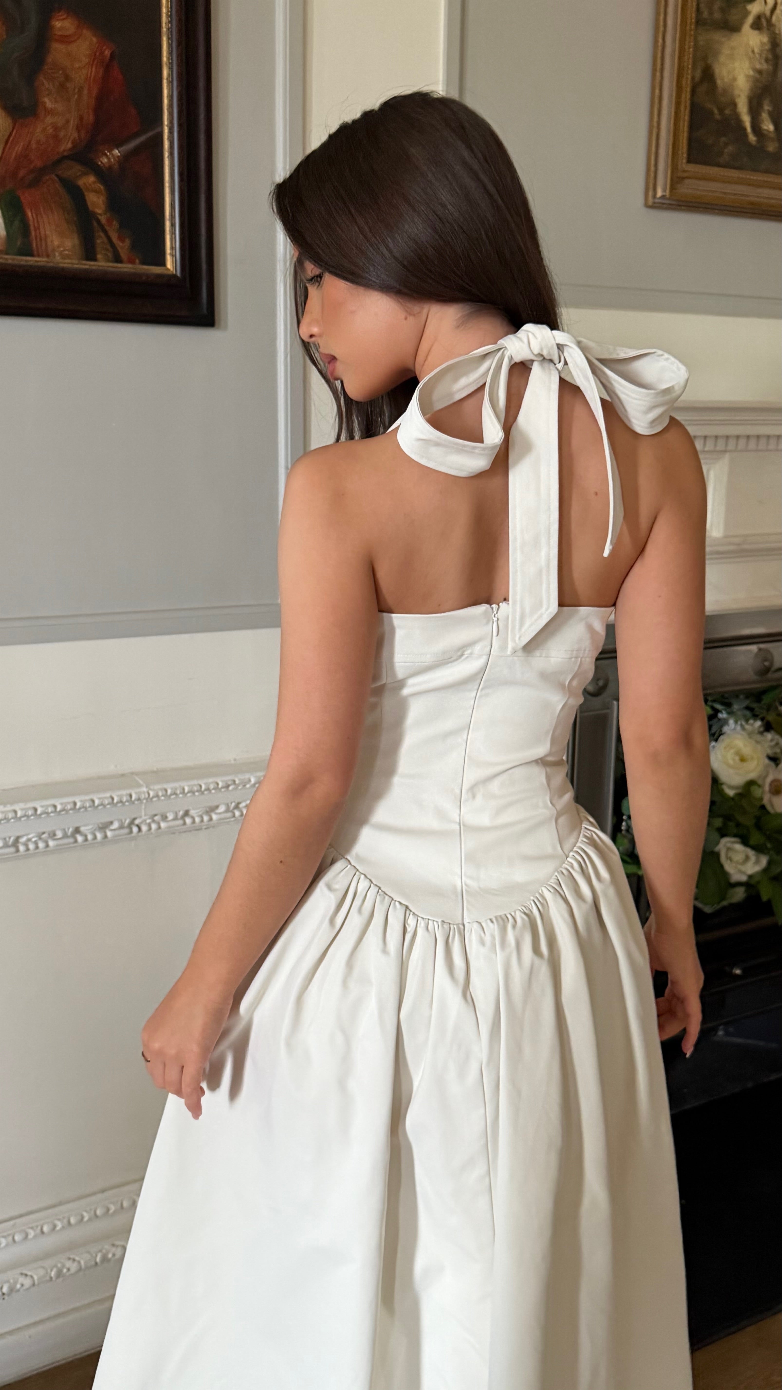 BLYTHE Halterneck Structured Midi Dress In Ivory - ICYBOO