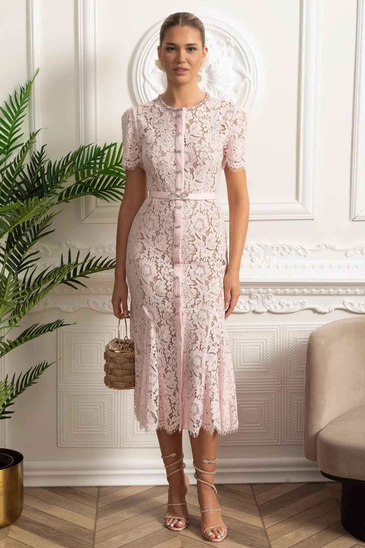 Blush Pink Elegance | LACE FITTED MIDI COCKTAIL DRESS
