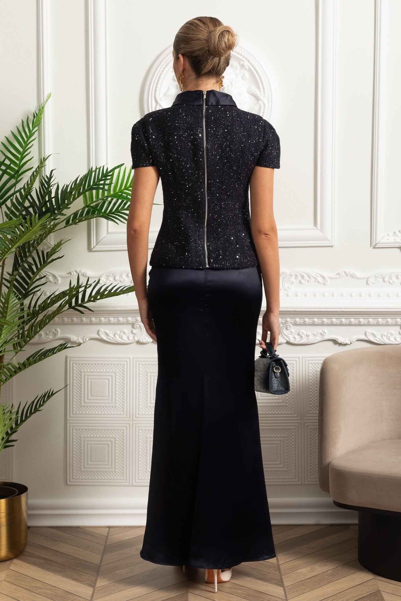 Navy Co-Ord | EMBELLISHED SATIN MAXI FORMAL EVENING DRESS