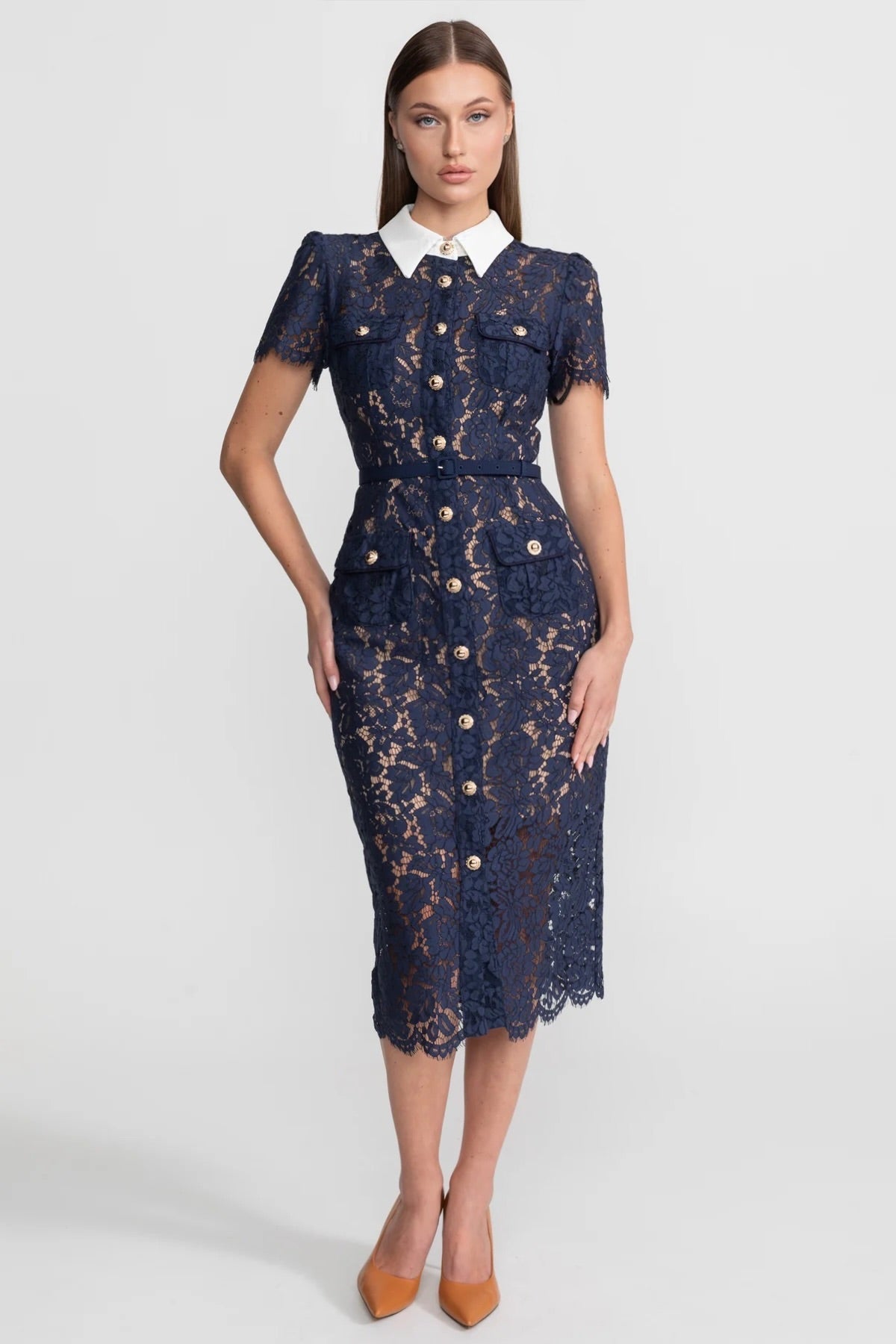 Floral Lace Midi Dress with Tailored Collar and Belted Waist - Navy - ICYBOO