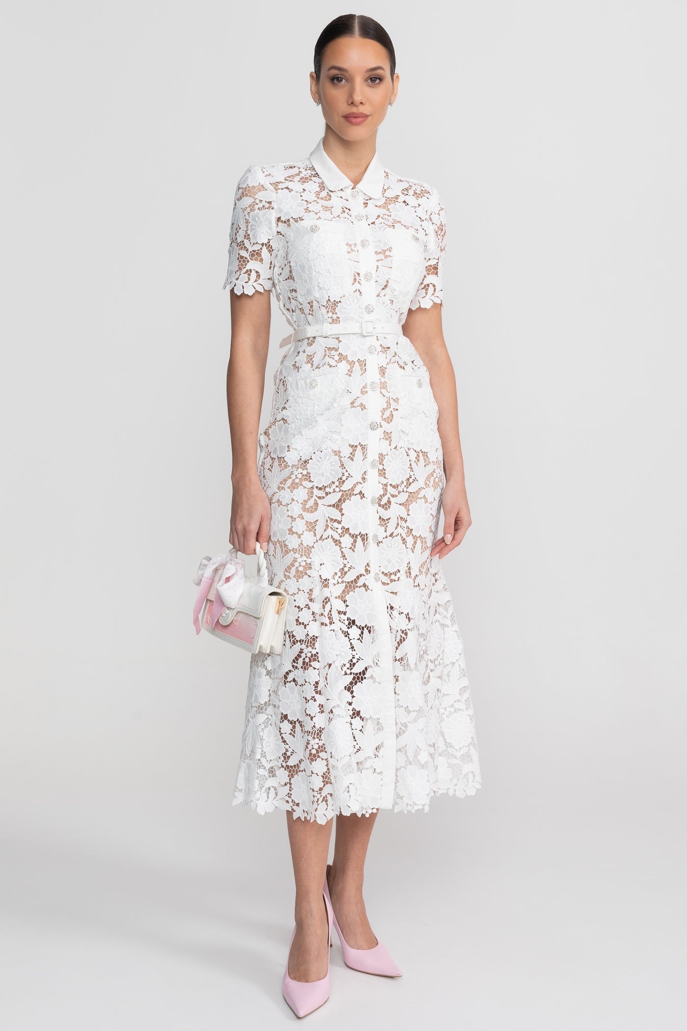 Lace Short Sleeve Midi Dress With Collared Neckline And Belted Waist - White - ICYBOO