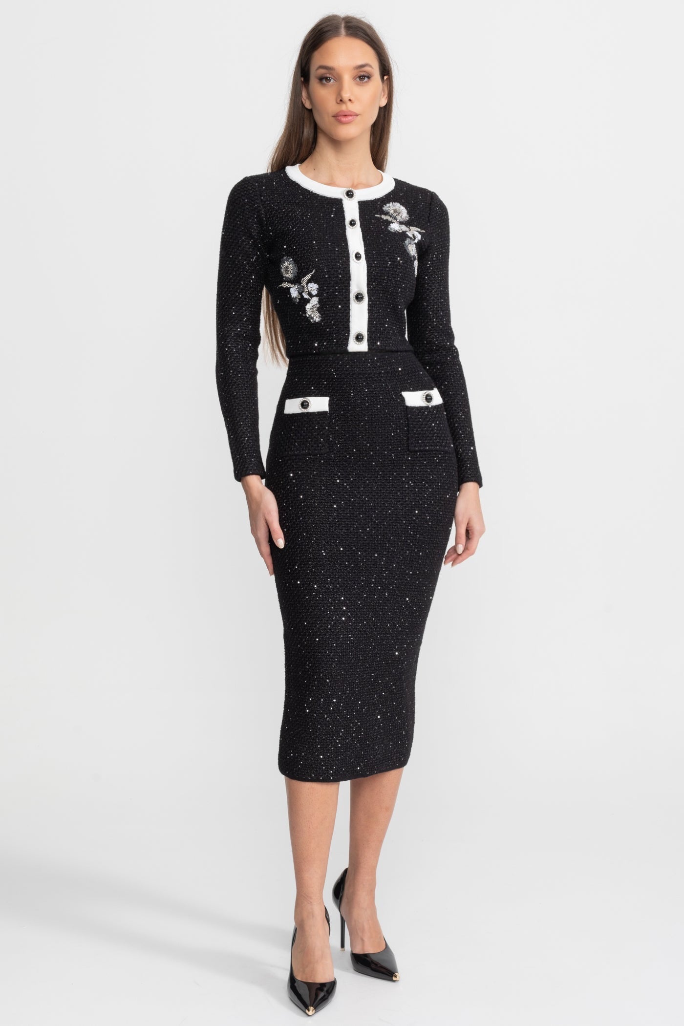Embroidered Tweed Knit Co-Ord Set with Contrast Trim – Black - ICYBOO