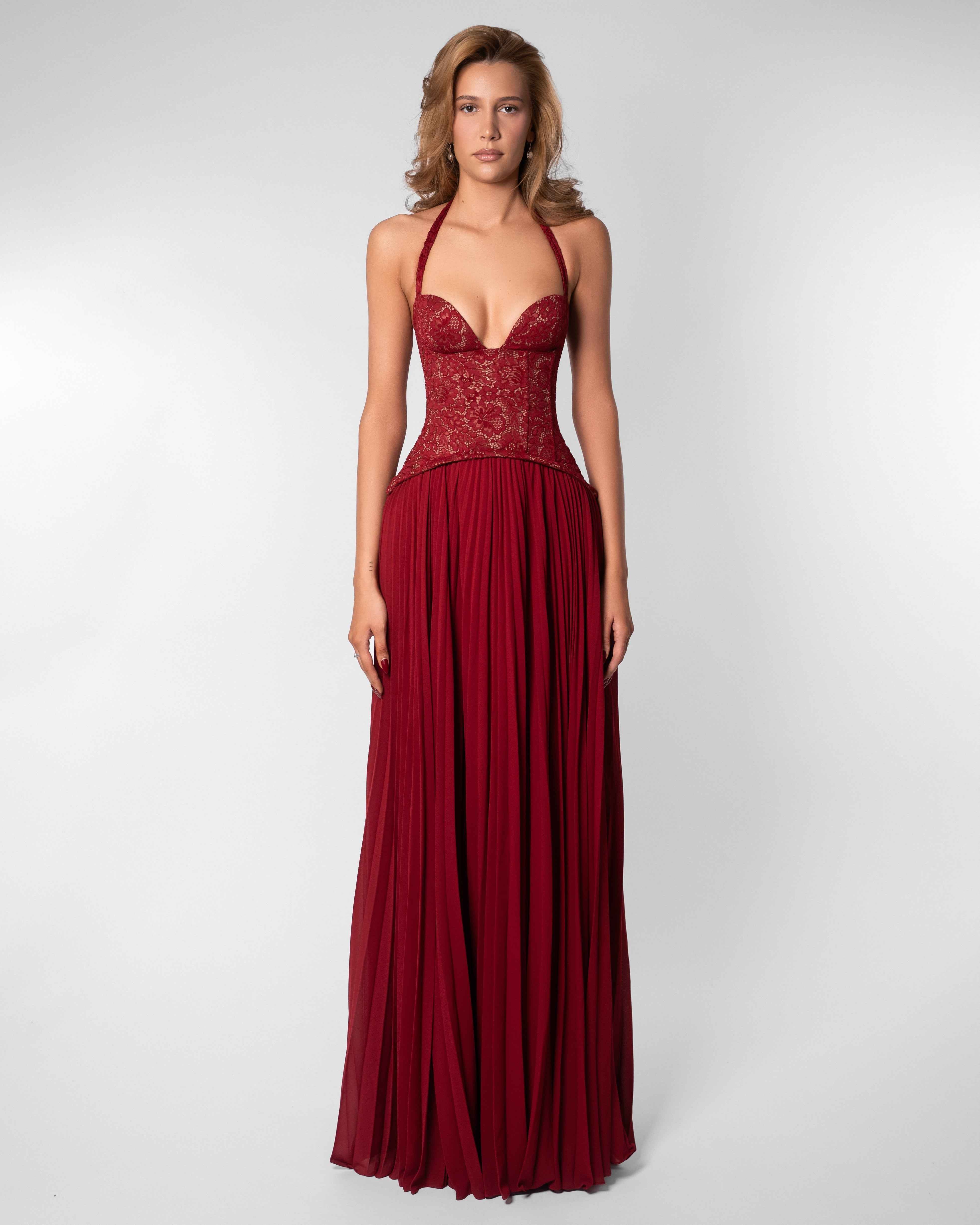 Gaia Lace Pleated Maxi Evening Dress - Dark Red