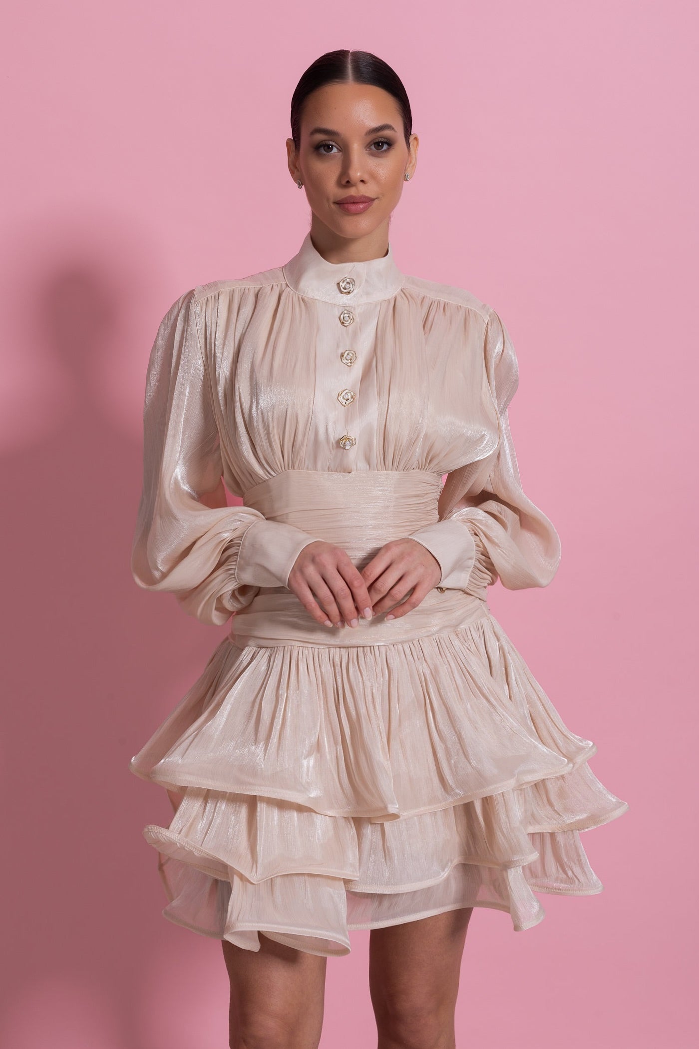 Draped Long Sleeve Mini Dress With Tiered Ruffle Skirt - Champagne - ICYBOO