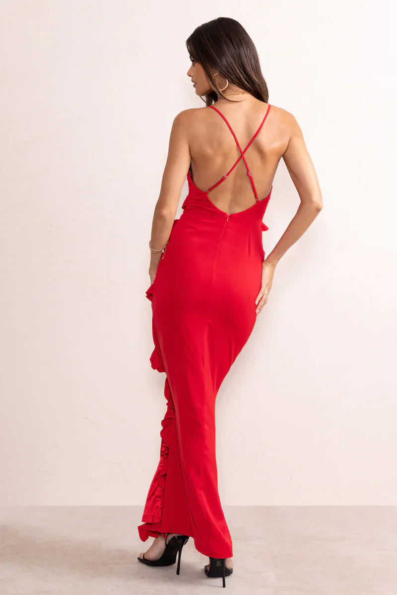 Run the world red plunge neckline ruffle maxi dress - ICYBOO