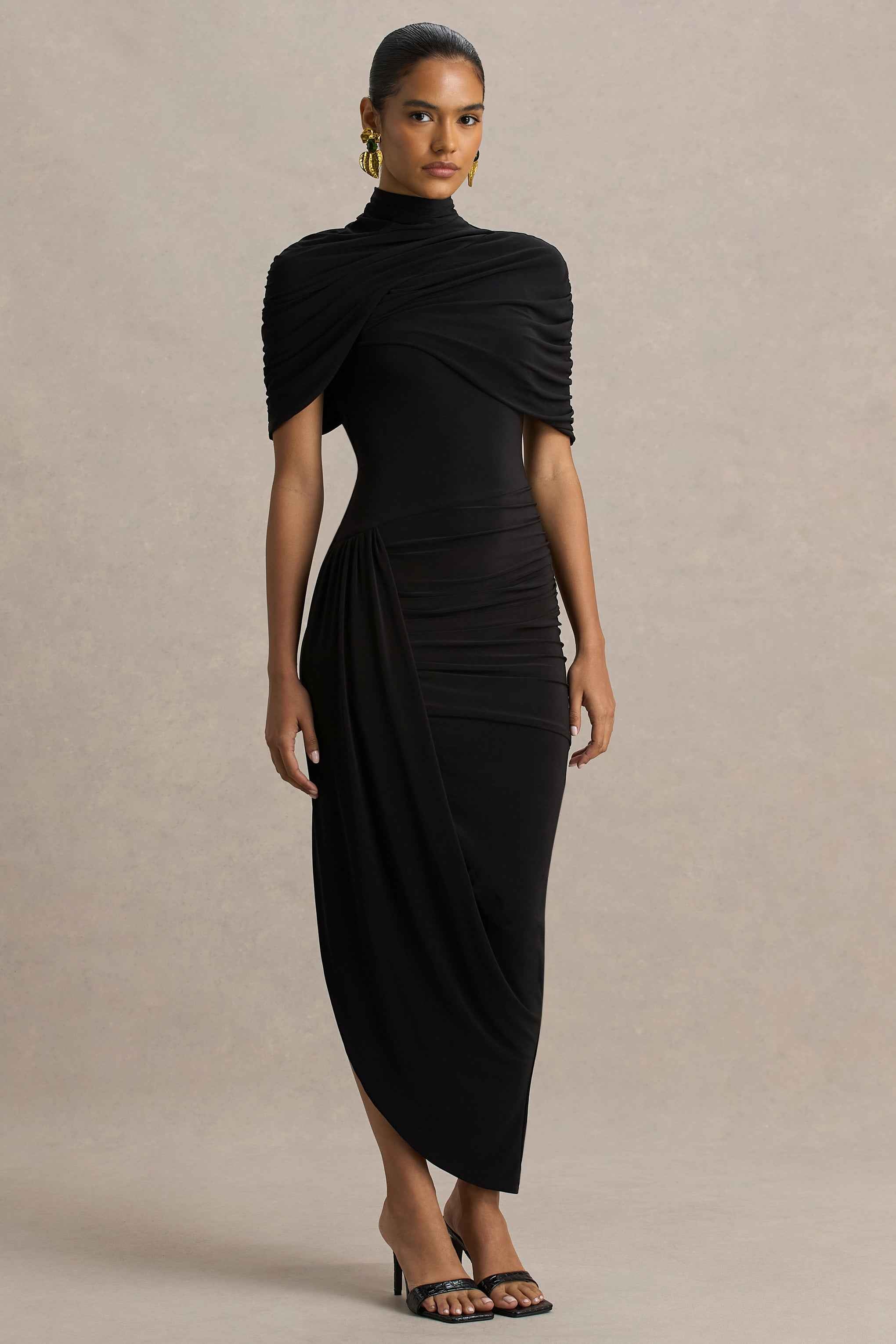 Enchant | Black Asymmetric Twisted Cape Midi Dress