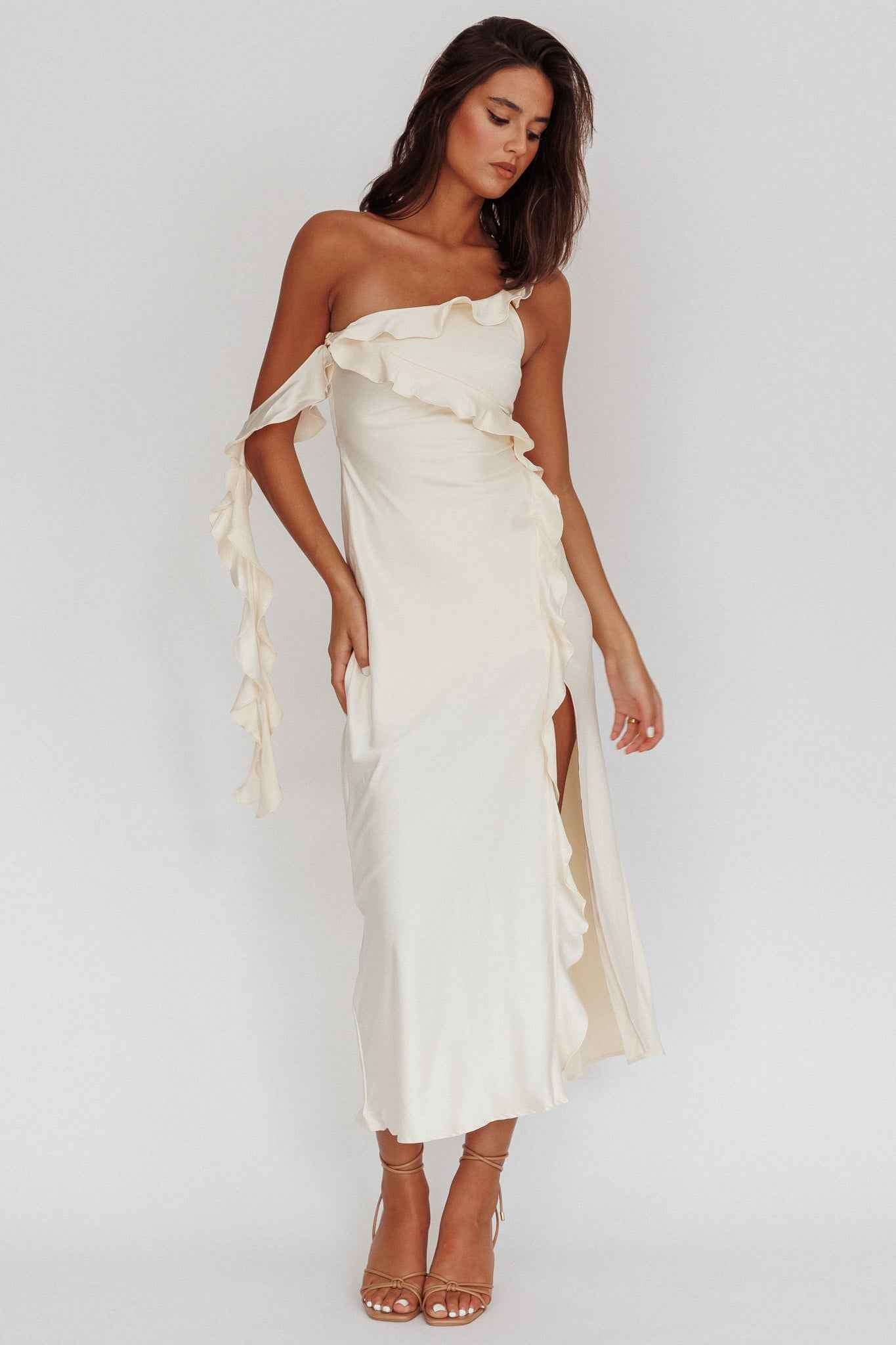 Like Yesterday | SATIN RUFFLE MIDI WEDDING GUEST COCKTAIL DRESS