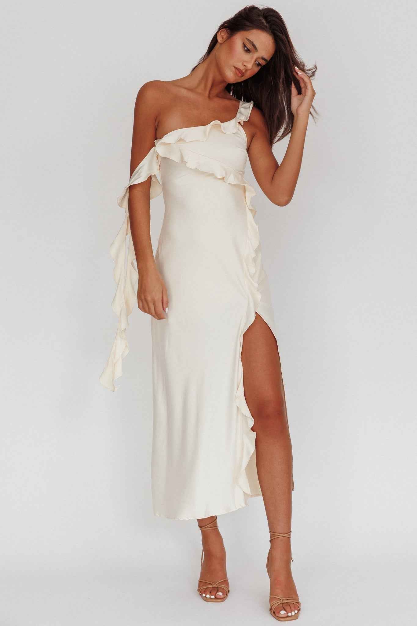 Like Yesterday | SATIN RUFFLE MIDI WEDDING GUEST COCKTAIL DRESS