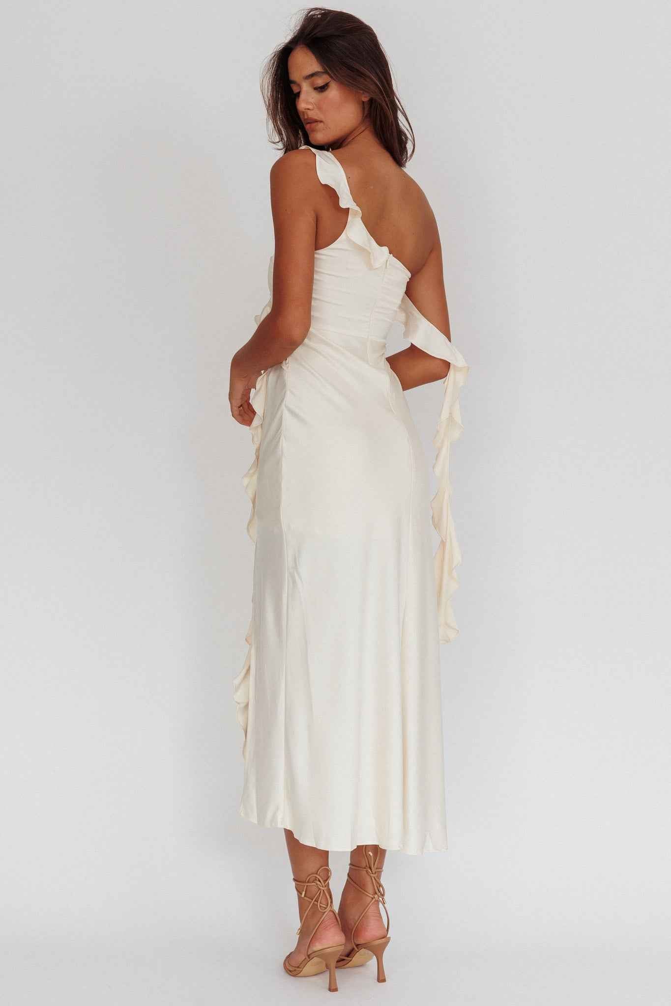 Like Yesterday | SATIN RUFFLE MIDI WEDDING GUEST COCKTAIL DRESS