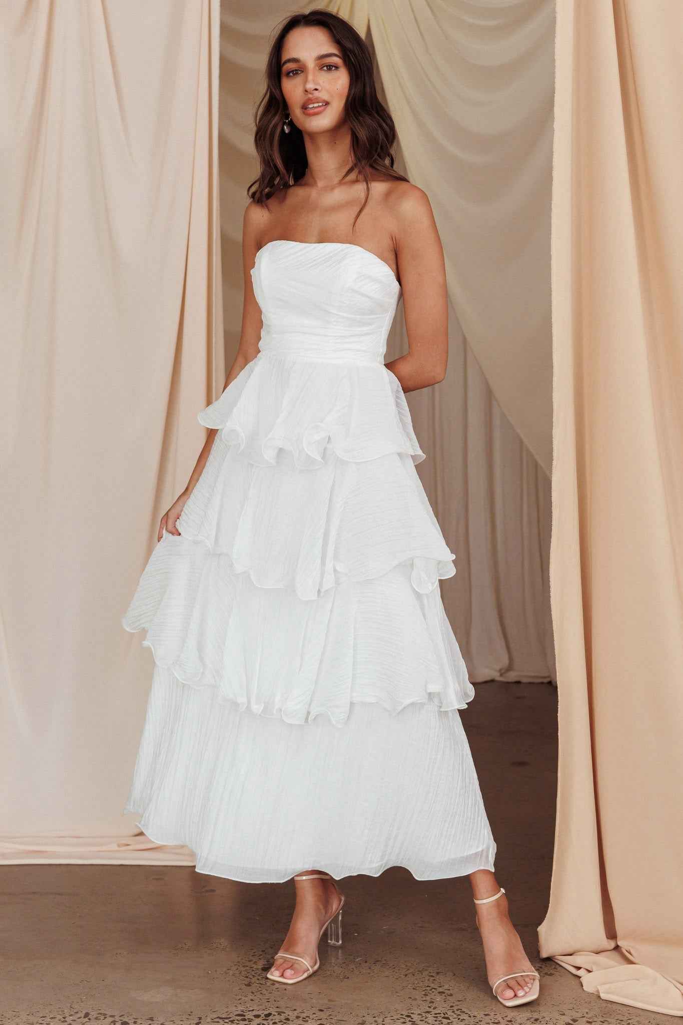 Giavana | STRAPLESS TIERED MIDI WEDDING GUEST DRESS