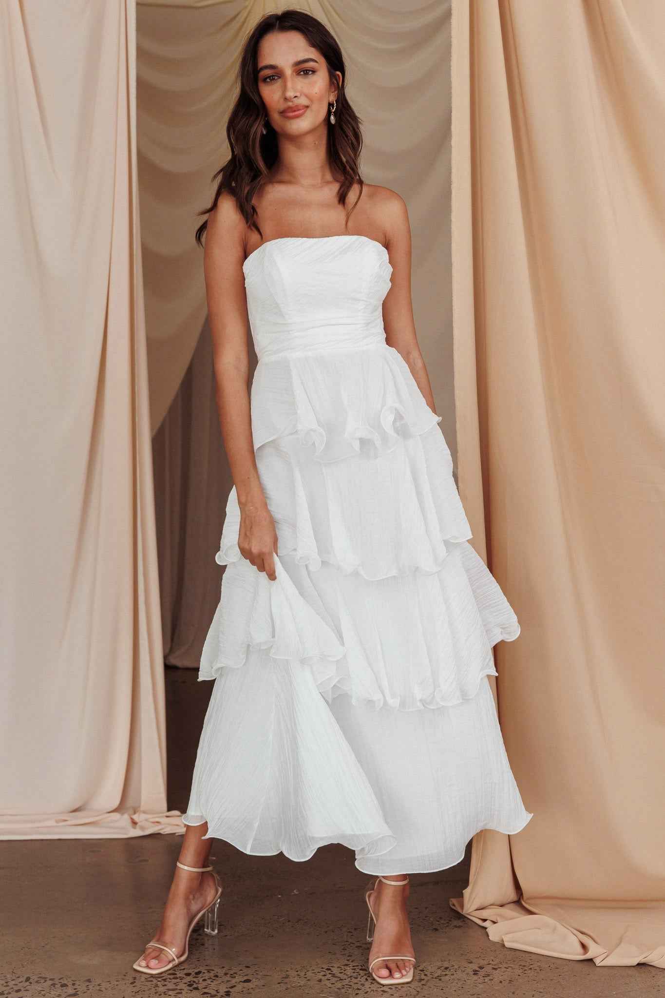 Giavana | STRAPLESS TIERED MIDI WEDDING GUEST DRESS