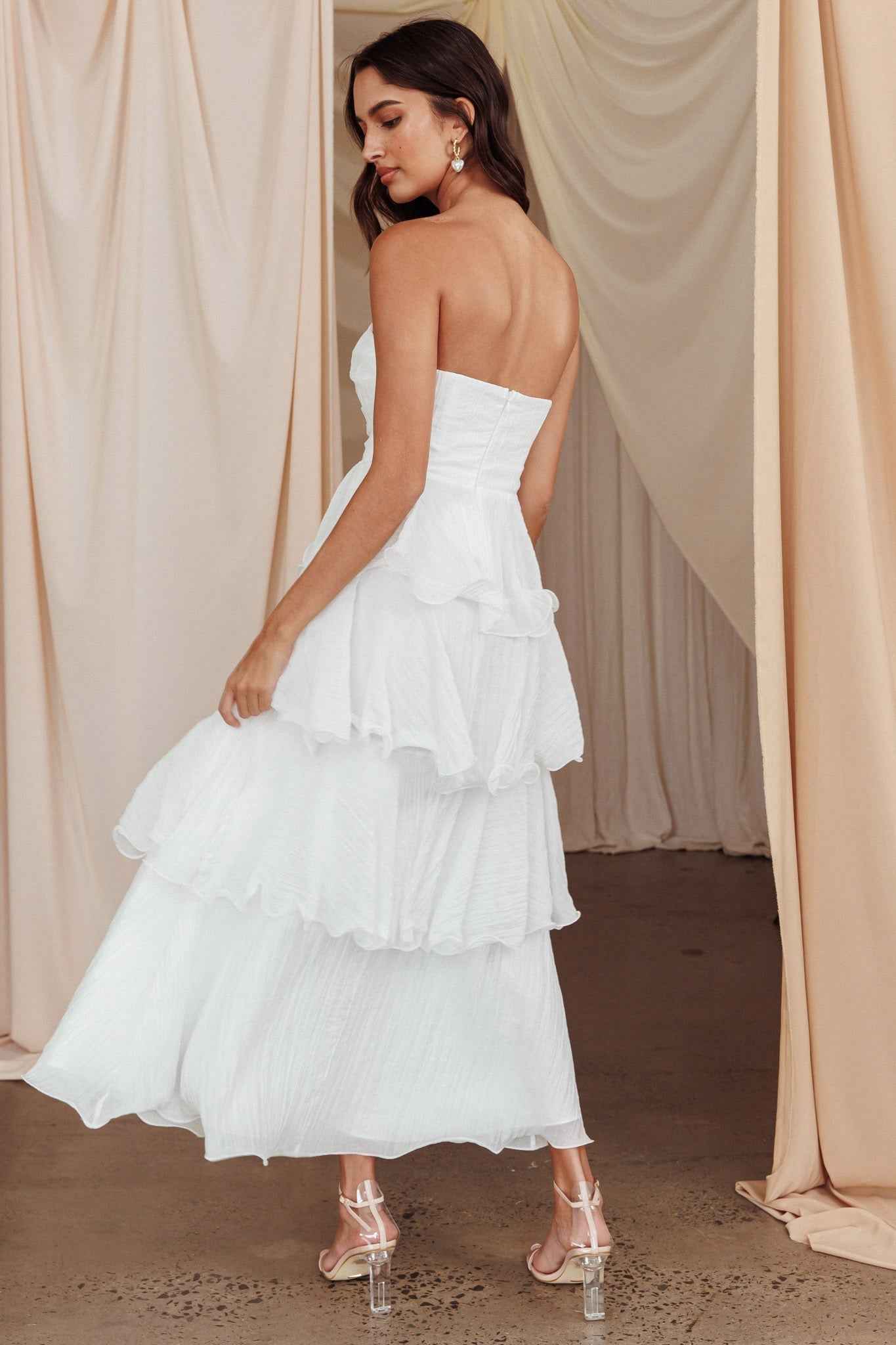 Giavana | STRAPLESS TIERED MIDI WEDDING GUEST DRESS