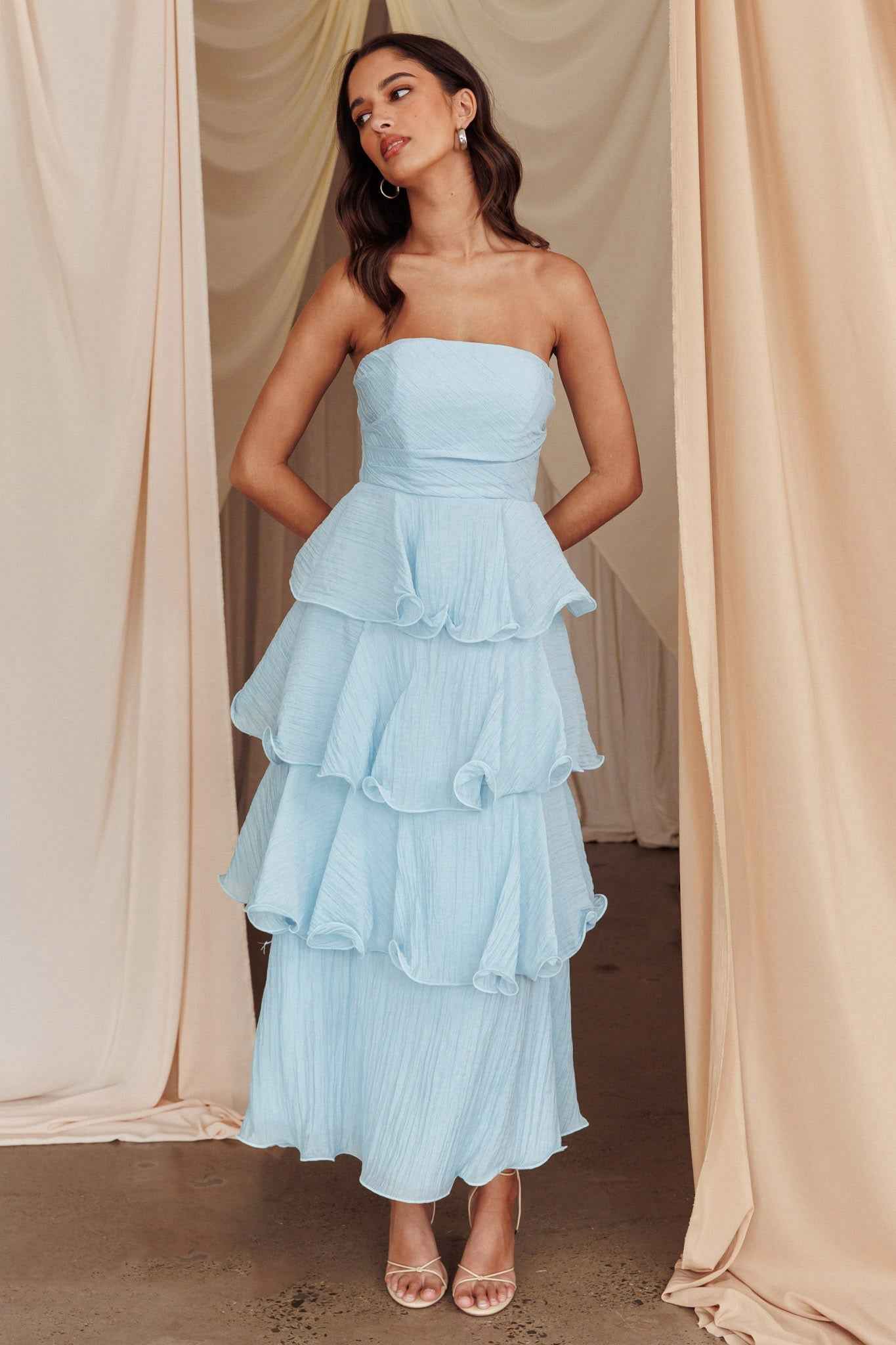 Giavana | STRAPLESS TIERED MIDI WEDDING GUEST DRESS