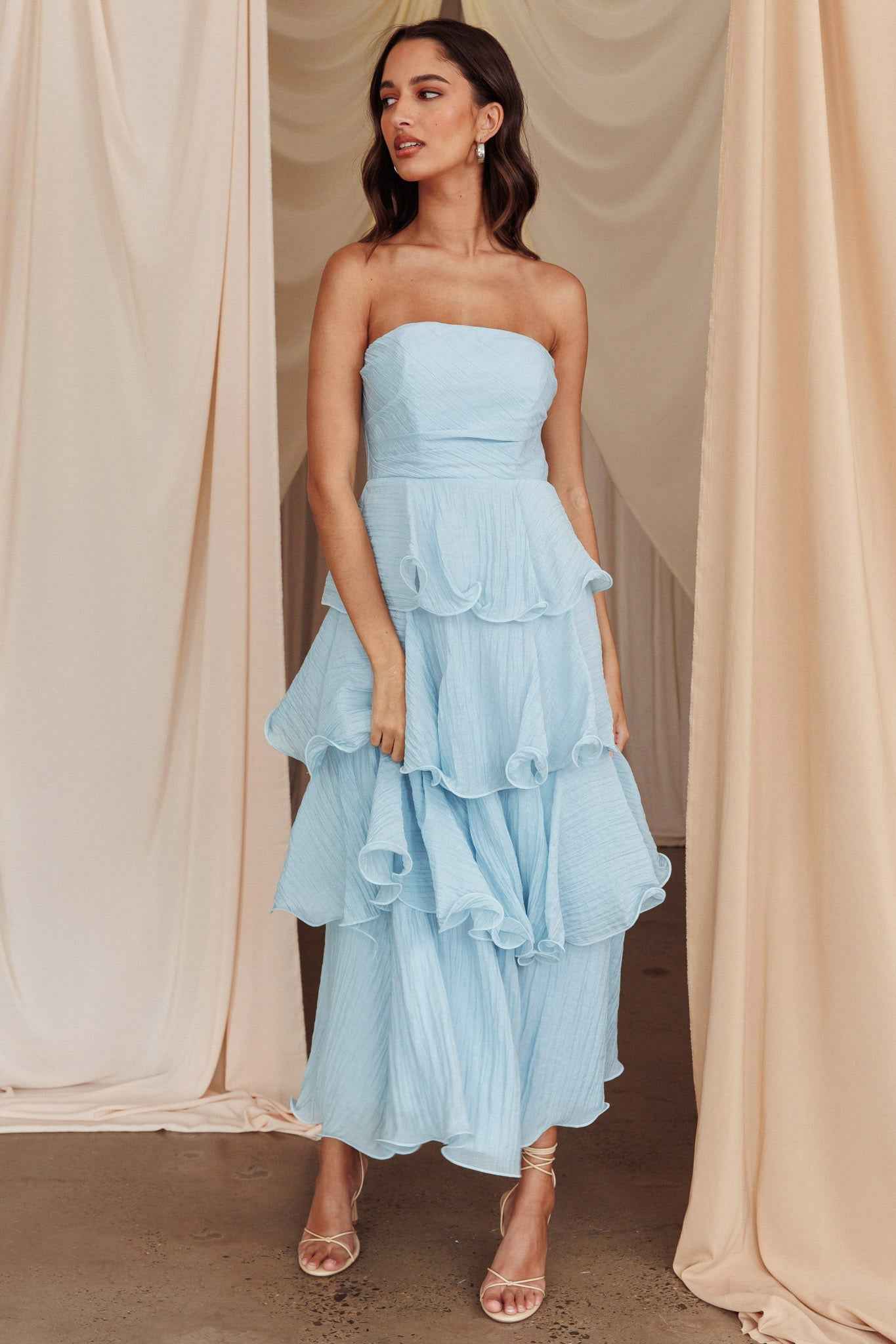 Giavana | STRAPLESS TIERED MIDI WEDDING GUEST DRESS