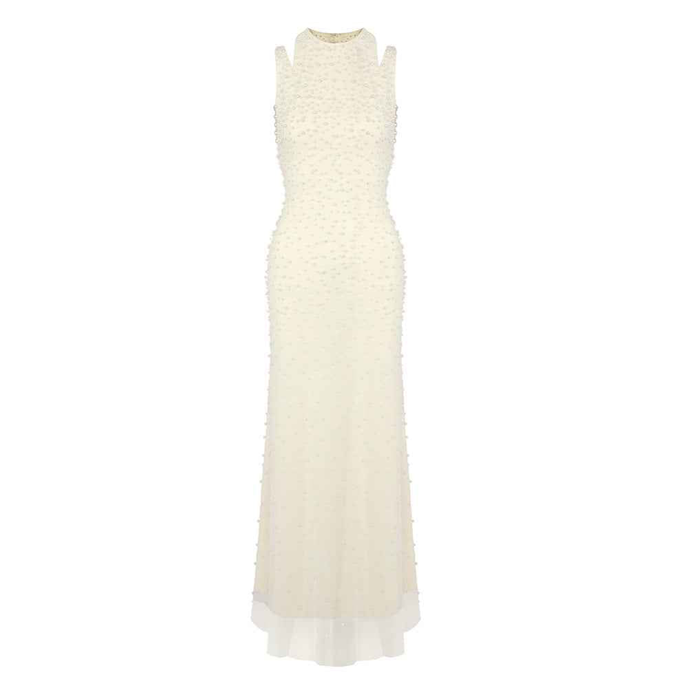 Ciselée Pearl Beaded Open Back Mermaid Maxi Dress