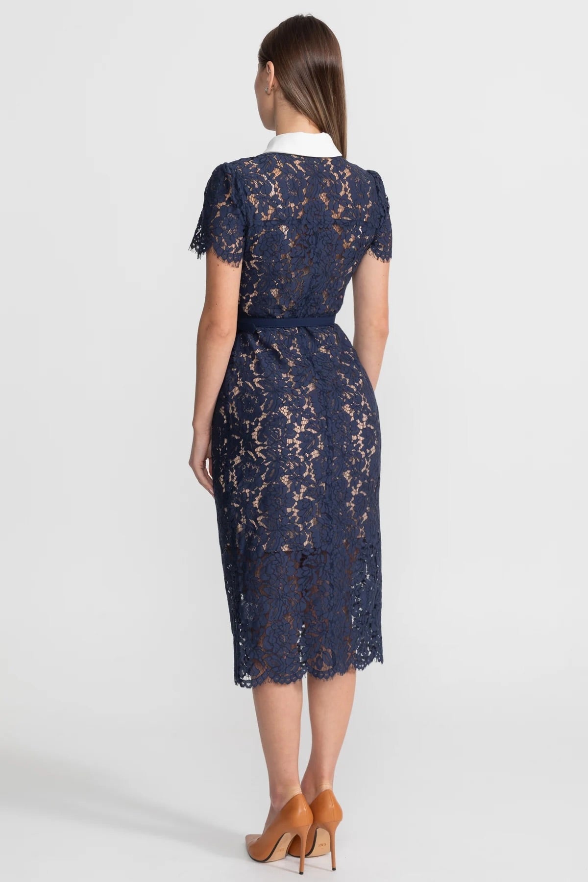 Floral Lace Midi Dress with Tailored Collar and Belted Waist - Navy - ICYBOO
