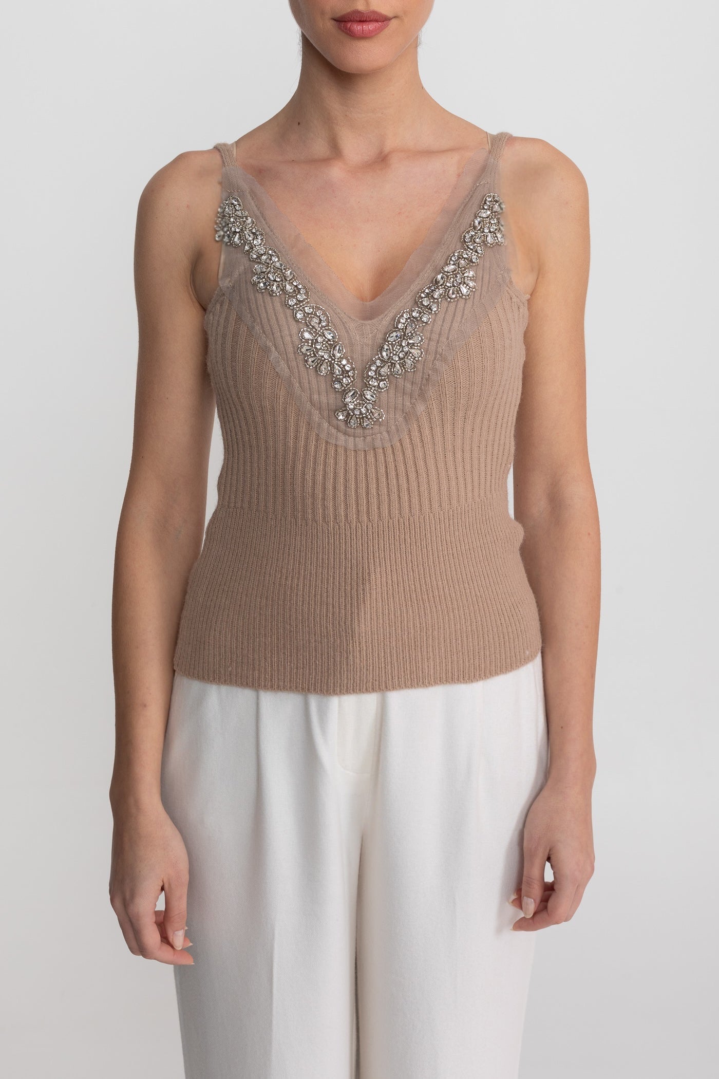 Knit Two Piece Set With Crystal Embellishments And Trim Cuffs - Beige - ICYBOO