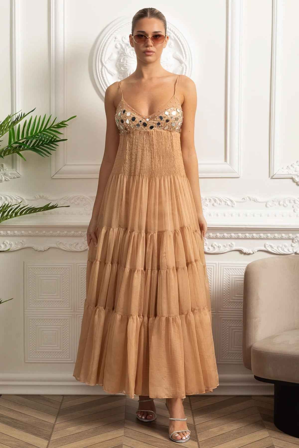 Beige Elegance | TIERED MESH MAXI SUMMER DRESS