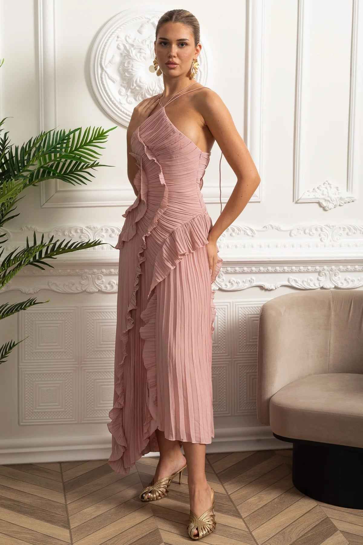 Pleated Halter Midi Dress With Cascading Ruffle Details - Pink