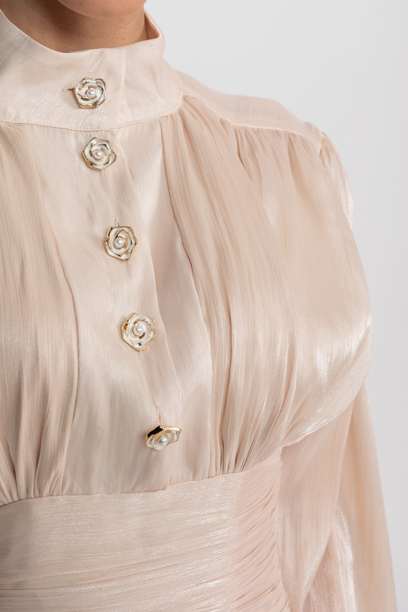 Draped Long Sleeve Mini Dress With Tiered Ruffle Skirt - Champagne - ICYBOO