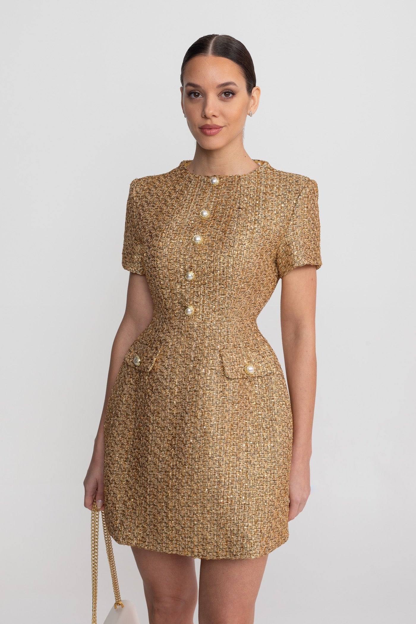 Tweed Mini Dress With Round Neckline And Pearl Button Detail - Gold - ICYBOO