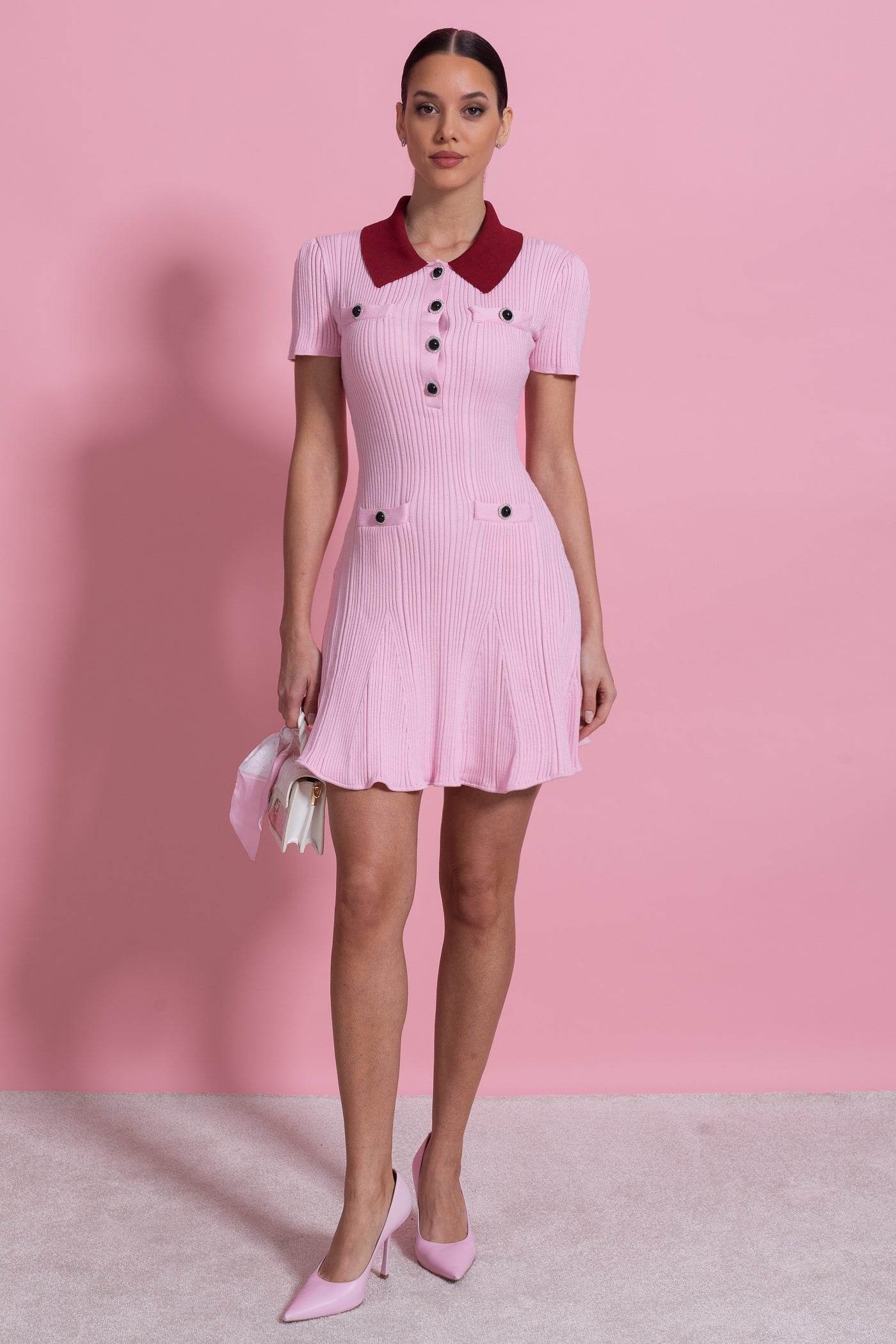 Ribbed Short Sleeve Mini Dress With Contrast Collar And Button Front Detail - Blush Pink - ICYBOO