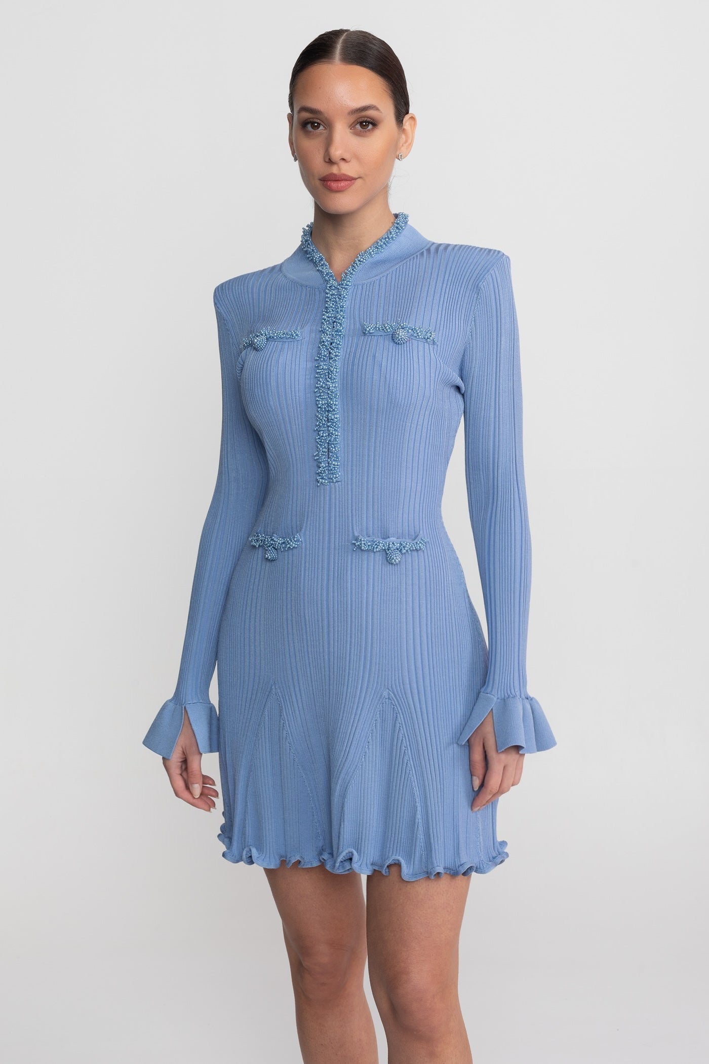 Ribbed Knit Mini Dress With Beaded Trim Detailing - Blue - ICYBOO