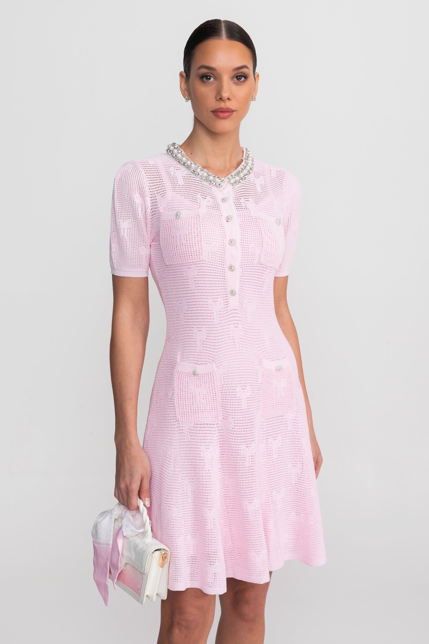 Textured Short Sleeve Mini Dress With Pearl Trim Neckline And Crystal Buttons - Pink - ICYBOO