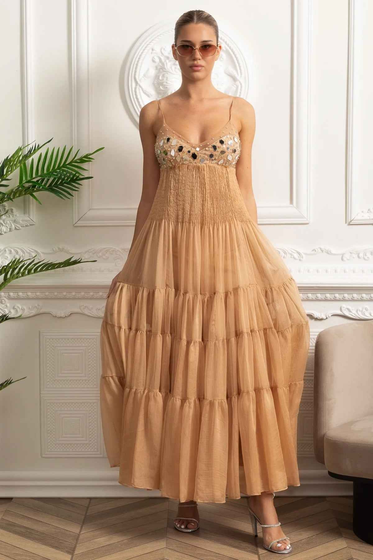 Beige Elegance | TIERED MESH MAXI SUMMER DRESS