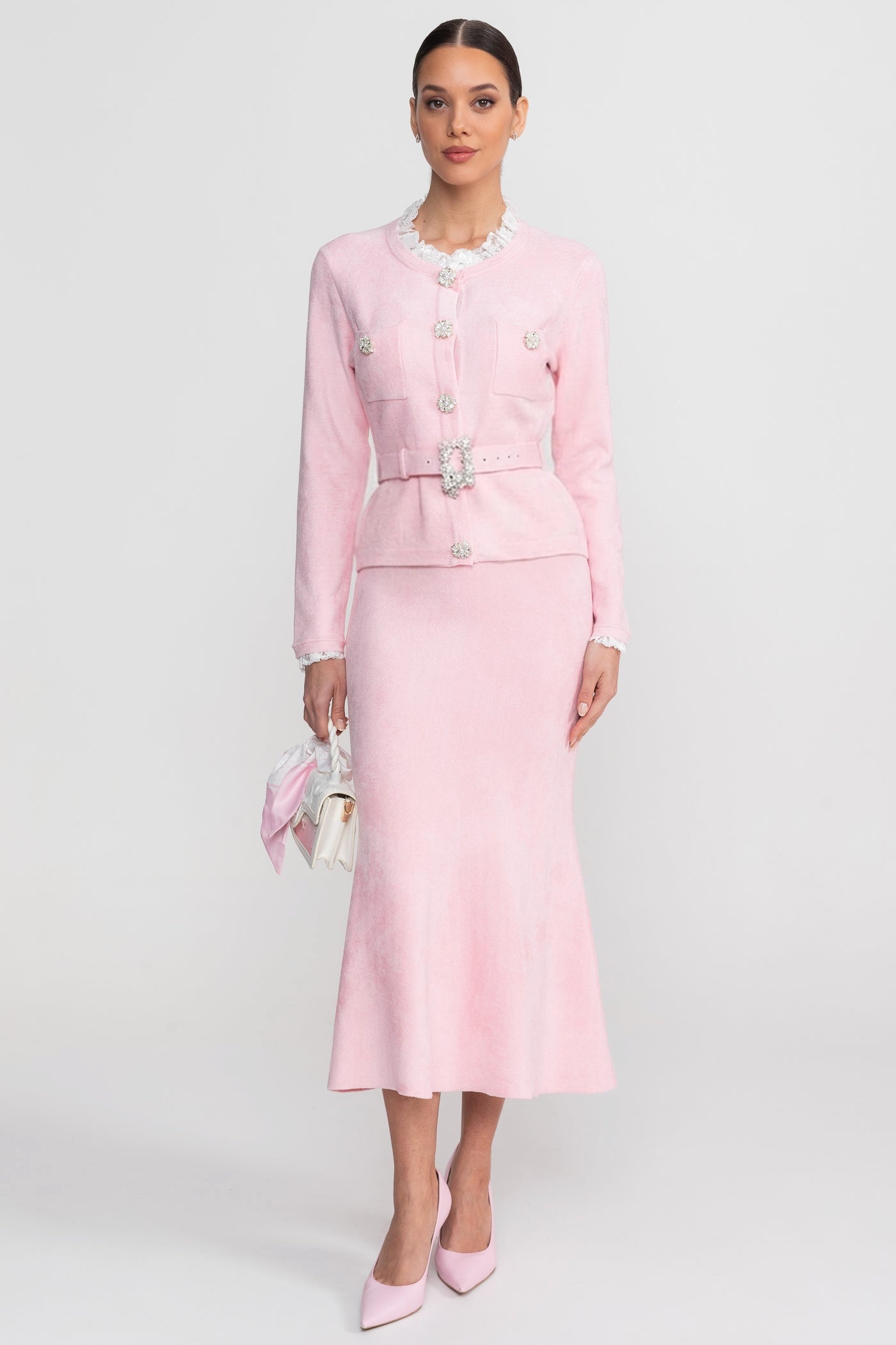 Long Sleeve Co-Ord With Fitted Knit Bodice And Crystal Button Detail - Blush Pink - ICYBOO