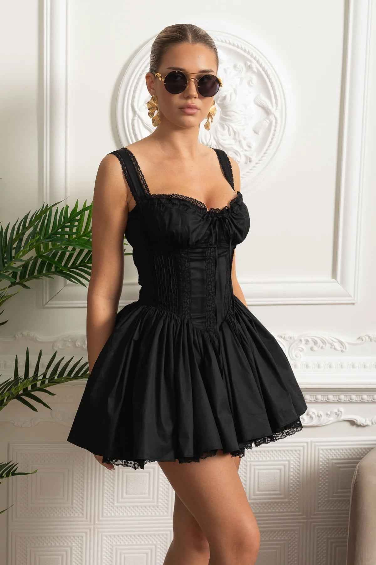 Bustier Dress with Lace-Up Back and Gathered Hem - Black