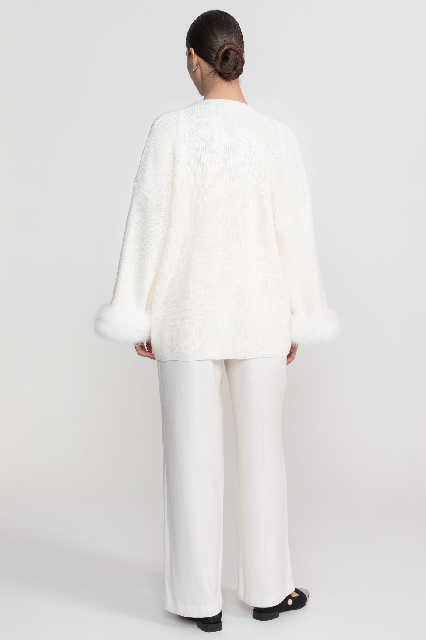 Knit Two Piece Set With Crystal Embellishments And Trim Cuffs - White - ICYBOO