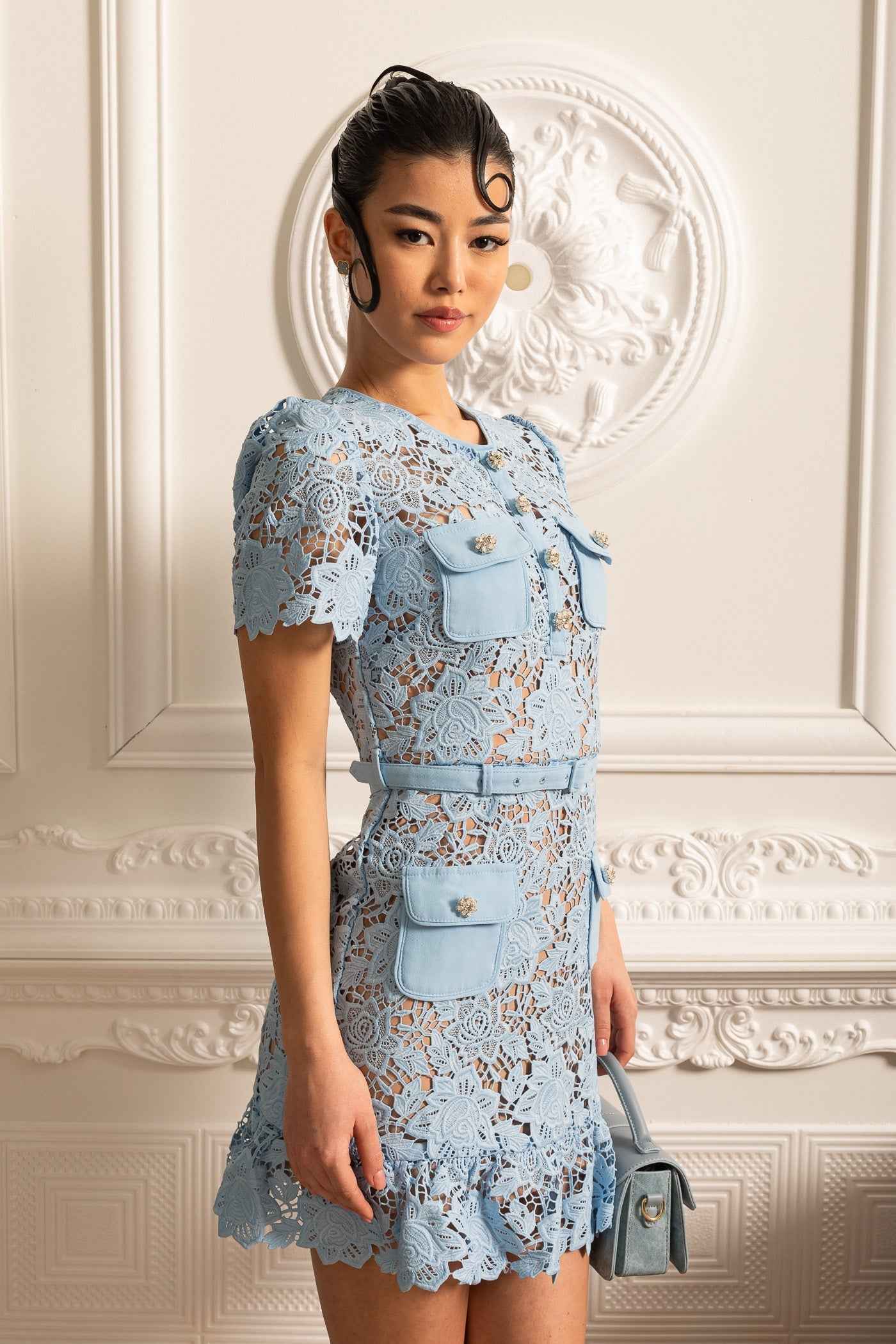 Short Sleeve Embroidered Floral Dress - Blue