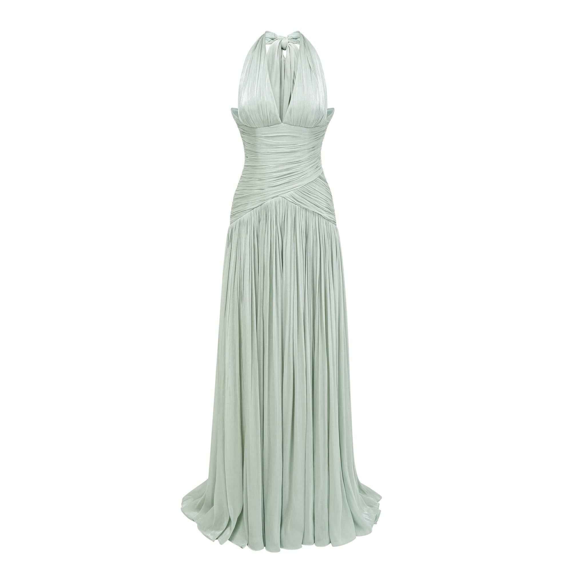 Verdelune Halter Pleated Slit Maxi Dress